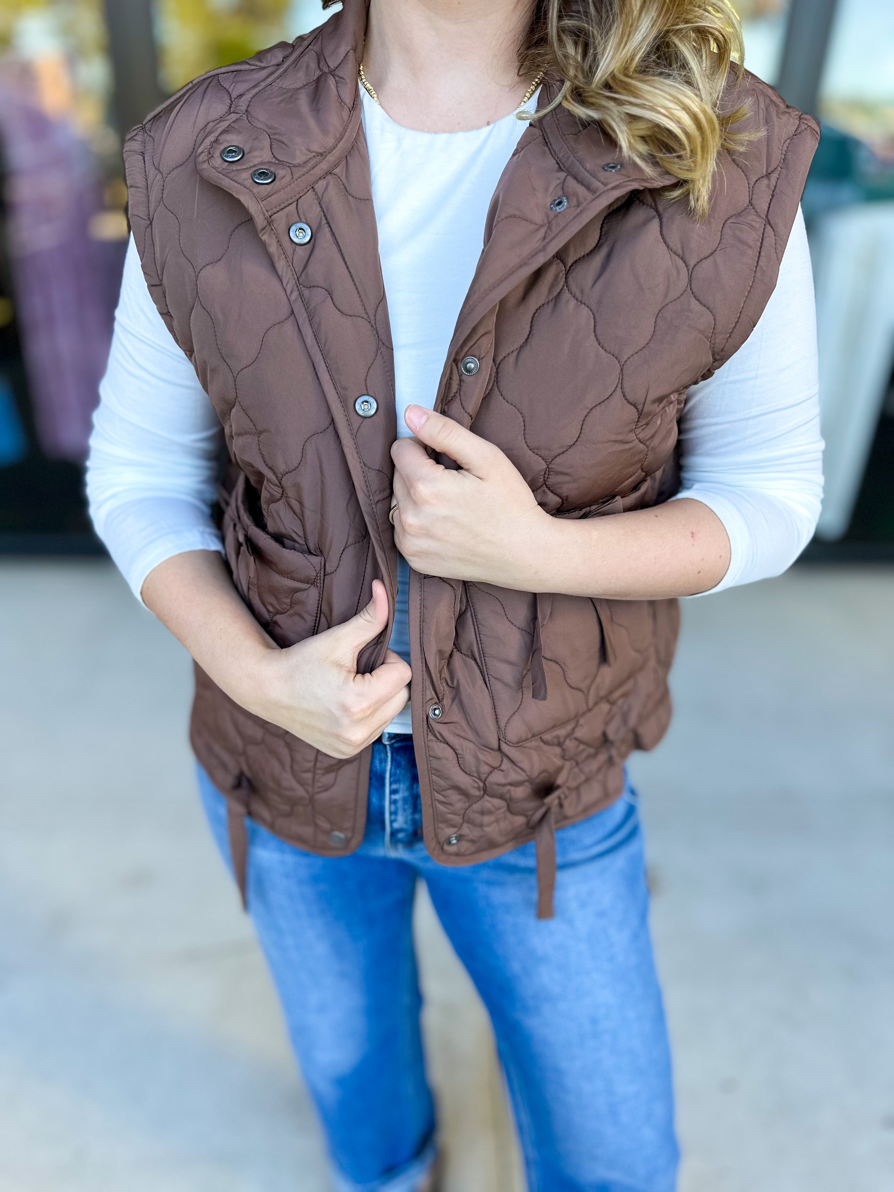 Quilted Bow Vest - Brown-600 Outerwear-BLU PEPPER-July & June Women's Fashion Boutique Located in San Antonio, Texas