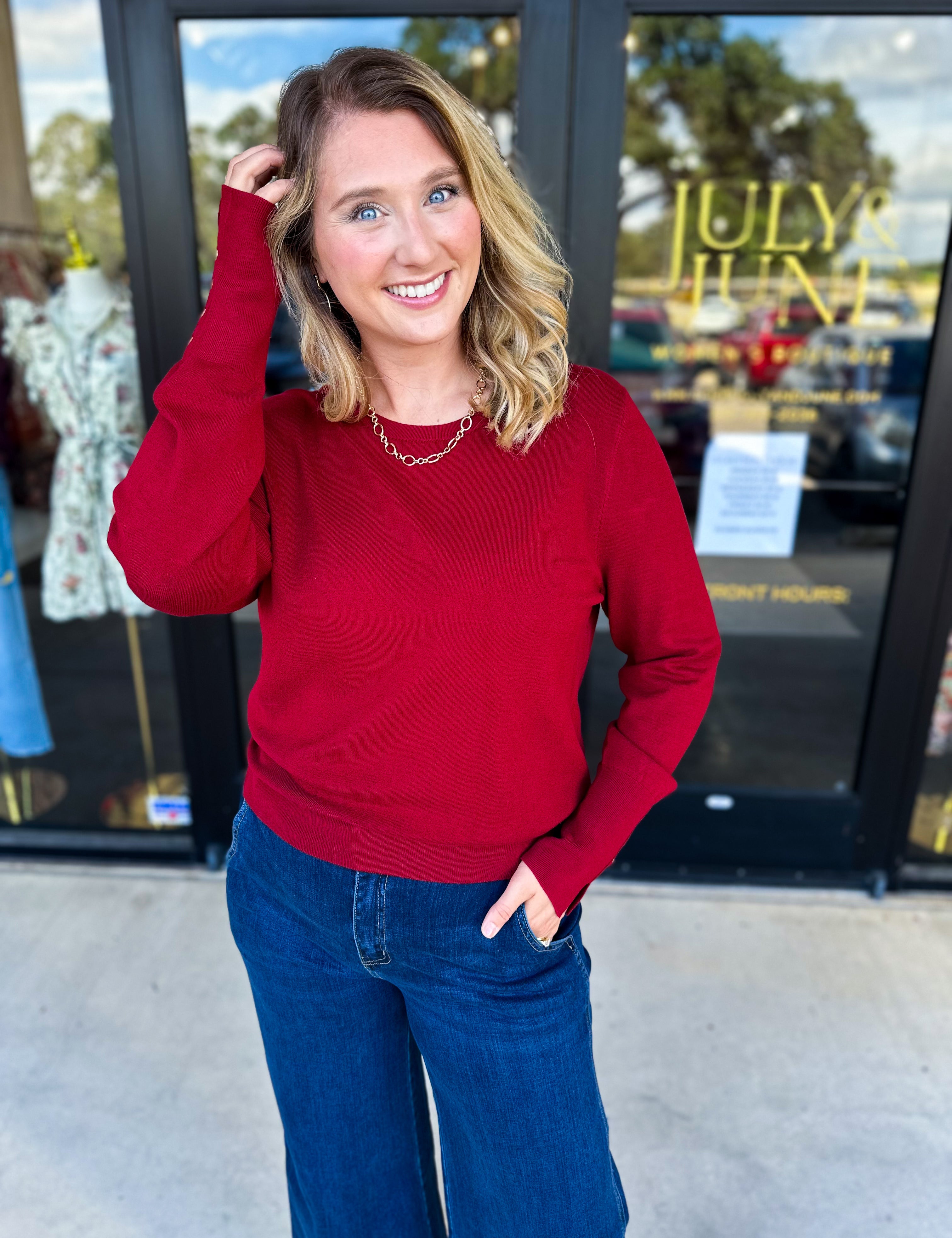 Long Sleeve Sweater Top - Crimson-230 Sweaters/Cardis-ENTRO-July & June Women's Fashion Boutique Located in San Antonio, Texas