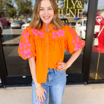 THML - Bold Citrus Embroidered Blouse-200 Fashion Blouses-THML-July & June Women's Fashion Boutique Located in San Antonio, Texas