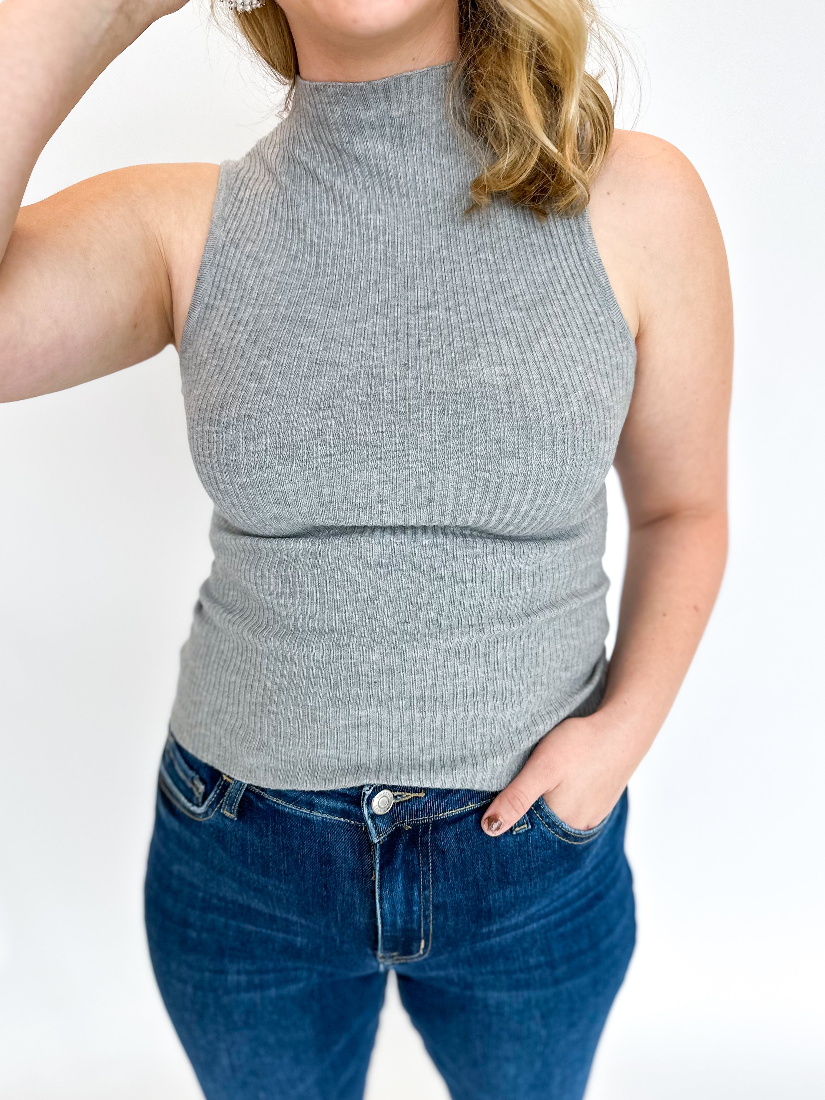 Heather Grey Mock Neck Tank Top-210 Casual Blouses-ALLIE ROSE-July & June Women's Fashion Boutique Located in San Antonio, Texas
