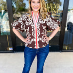 THML - Mocha Scroll Blouse-200 Fashion Blouses-THML-July & June Women's Fashion Boutique Located in San Antonio, Texas
