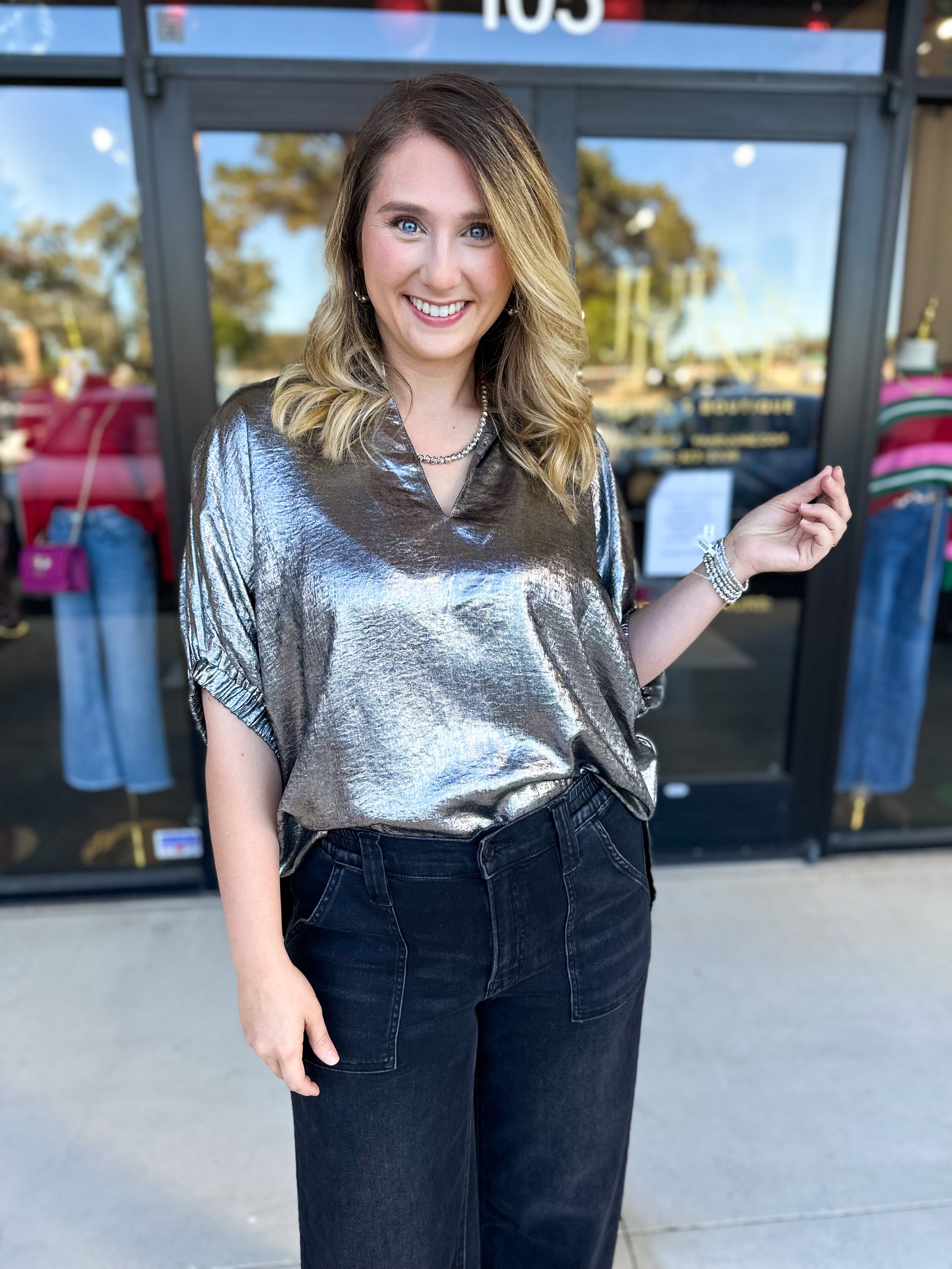 Celebration Blouse - Chrome-200 Fashion Blouses-ENTRO-July & June Women's Fashion Boutique Located in San Antonio, Texas
