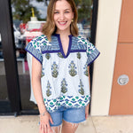 THML - Blue Floral Block Print Blouse-200 Fashion Blouses-THML-July & June Women's Fashion Boutique Located in San Antonio, Texas