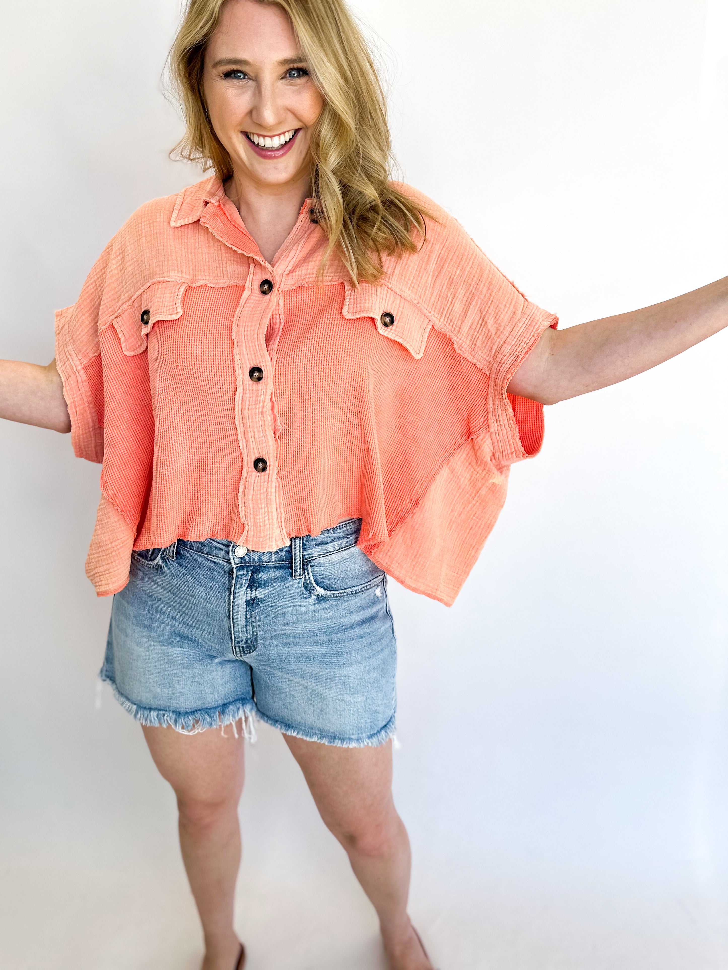 Peach Mixed Media Tee-200 Fashion Blouses-FANTASTIC FAWN-July & June Women's Fashion Boutique Located in San Antonio, Texas