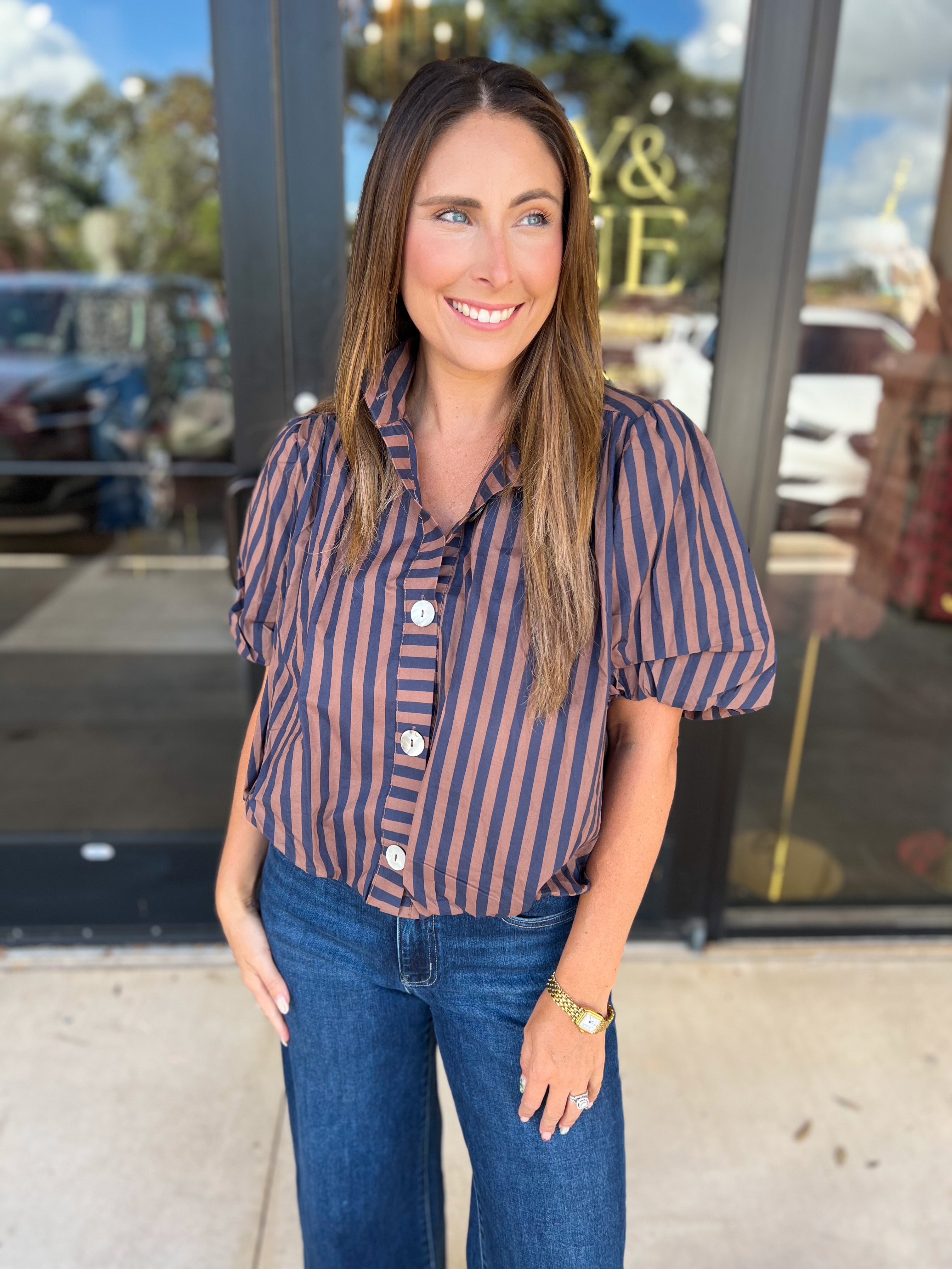 Coffee Date Blouse - Navy & Espresso-200 Fashion Blouses-ENTRO-July & June Women's Fashion Boutique Located in San Antonio, Texas