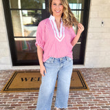 Seersucker Sweet Blouse - Pink-200 Fashion Blouses-ENTRO-July & June Women's Fashion Boutique Located in San Antonio, Texas