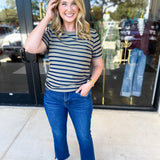 Striped Round Neck Tee - Olive-210 Casual Blouses-POLOGRAM-July & June Women's Fashion Boutique Located in San Antonio, Texas