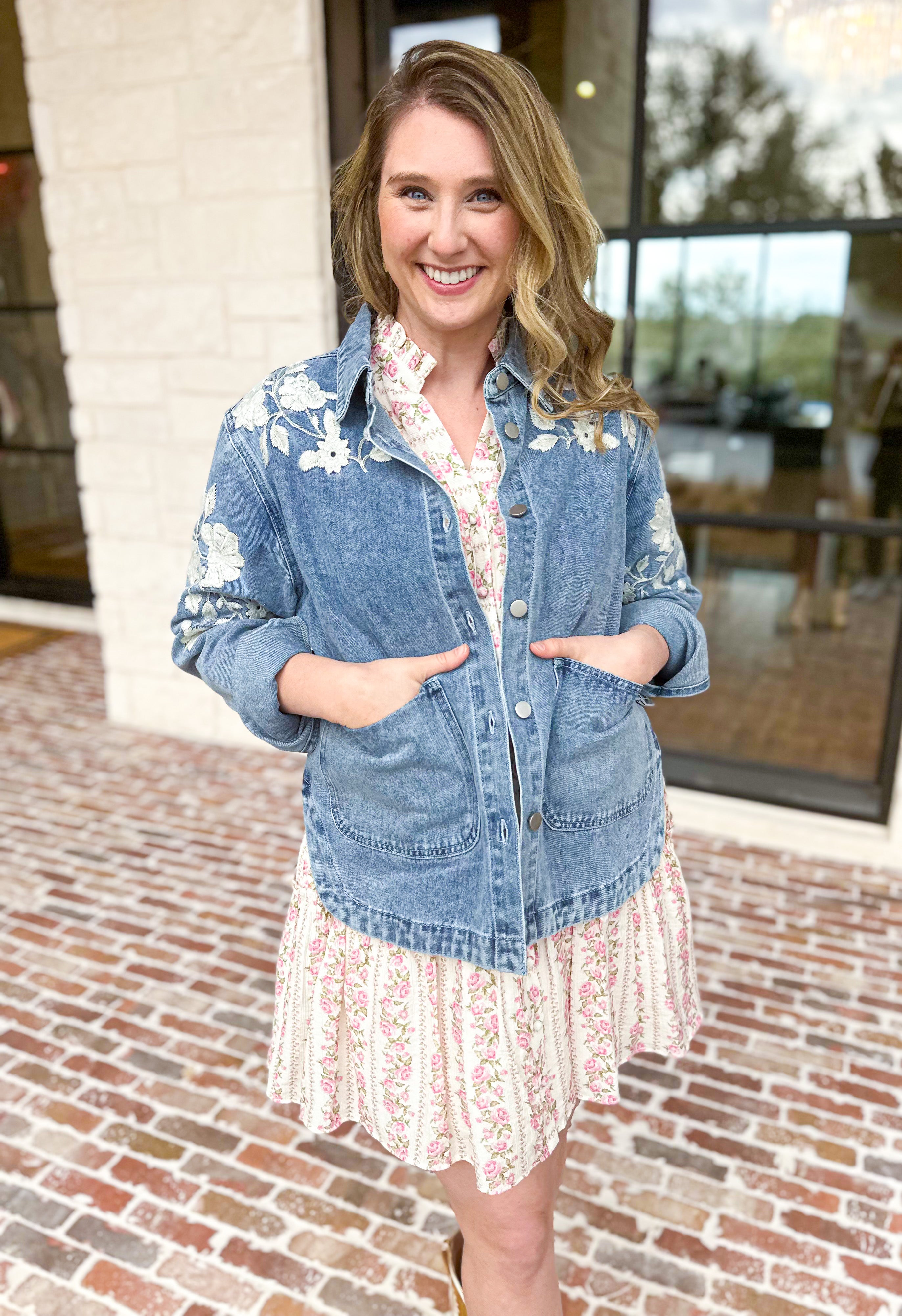 Denim Floral Embroidery Jacket-600 Outerwear-BLUE B-July & June Women's Fashion Boutique Located in San Antonio, Texas