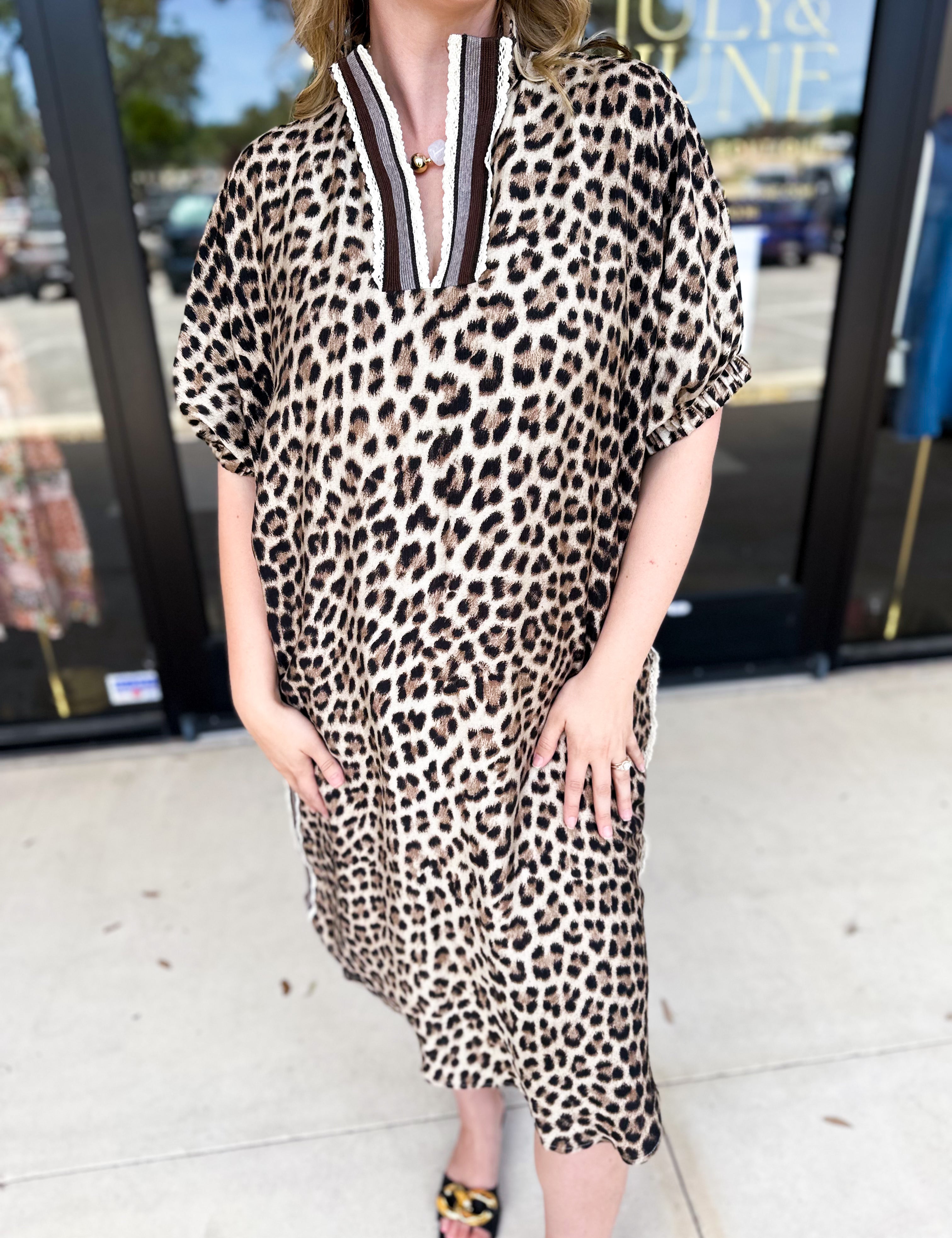 Leopard Caftan Midi Dress - Mocha-500 Midi-ENTRO-July & June Women's Fashion Boutique Located in San Antonio, Texas