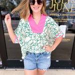 Green & Pink Floral Blouse-200 Fashion Blouses-ENTRO-July & June Women's Fashion Boutique Located in San Antonio, Texas