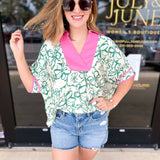 Green & Pink Floral Blouse-200 Fashion Blouses-ENTRO-July & June Women's Fashion Boutique Located in San Antonio, Texas