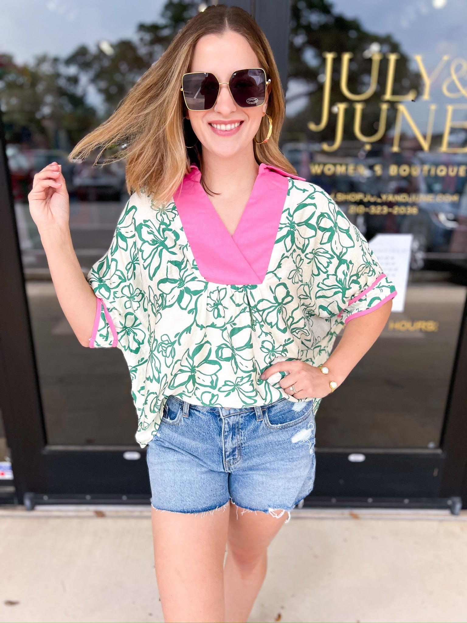 Green & Pink Floral Blouse-200 Fashion Blouses-ENTRO-July & June Women's Fashion Boutique Located in San Antonio, Texas