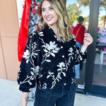 Ivory & Black Floral Blouse-200 Fashion Blouses-JODIFL-July & June Women's Fashion Boutique Located in San Antonio, Texas