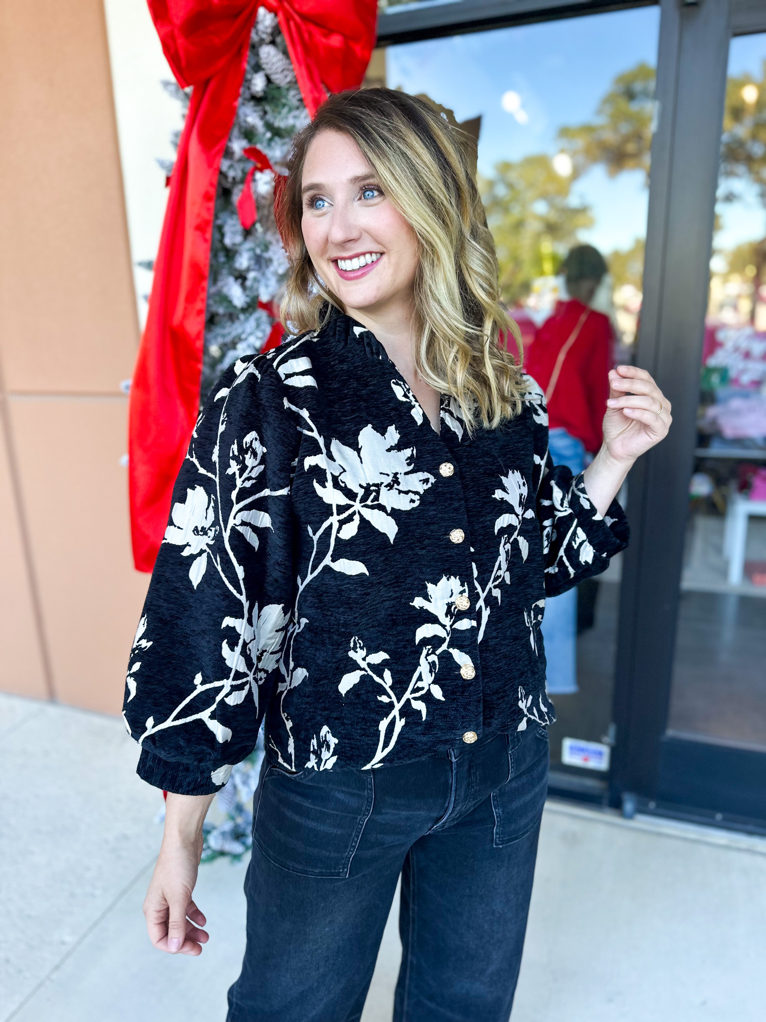 Ivory & Black Floral Blouse-200 Fashion Blouses-JODIFL-July & June Women's Fashion Boutique Located in San Antonio, Texas