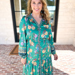 Current Air - Green Floral Satin Midi Dress-500 Midi-CURRENT AIR CLOTHING-July & June Women's Fashion Boutique Located in San Antonio, Texas