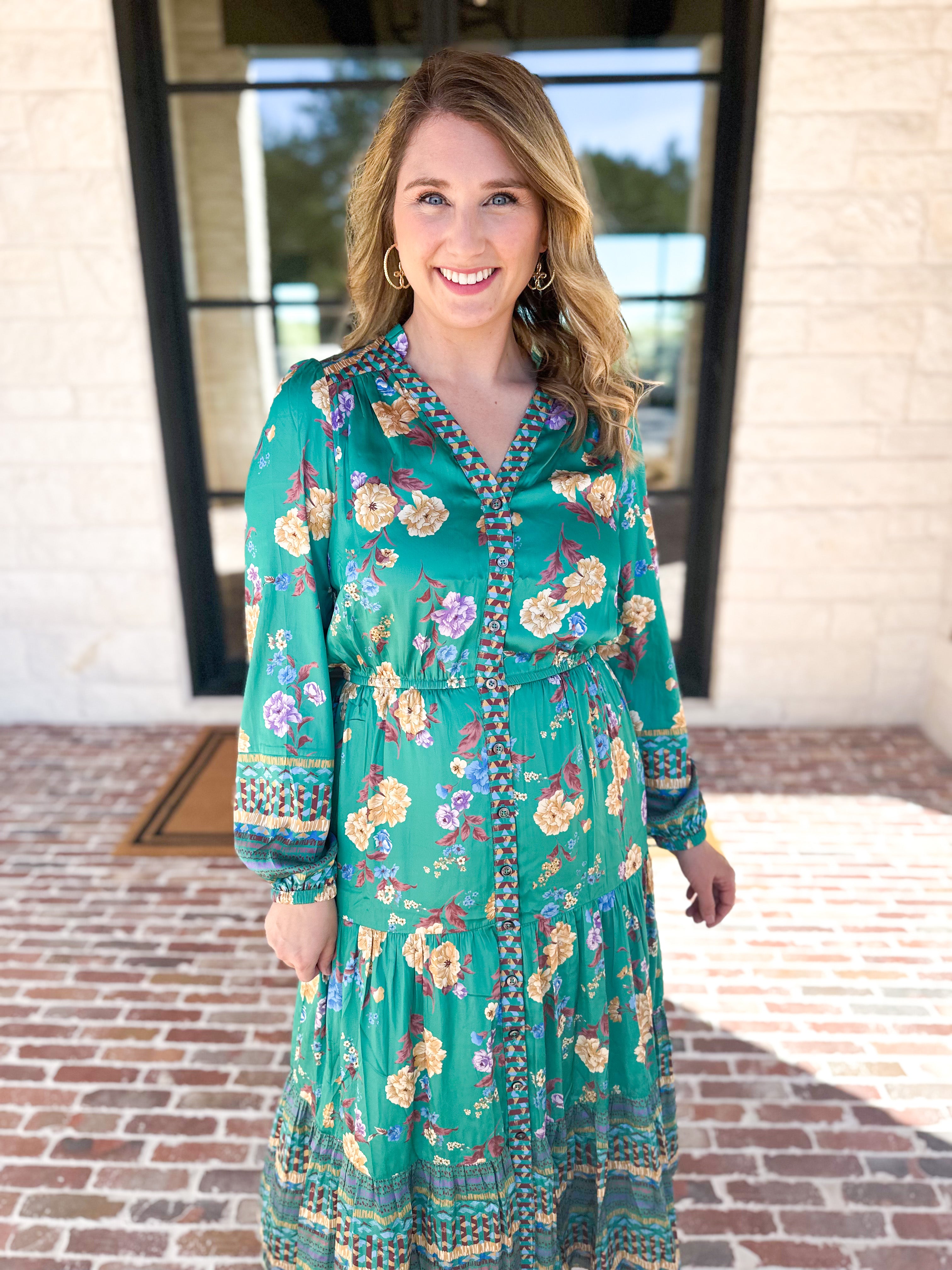 Current Air - Green Floral Satin Midi Dress-500 Midi-CURRENT AIR CLOTHING-July & June Women's Fashion Boutique Located in San Antonio, Texas