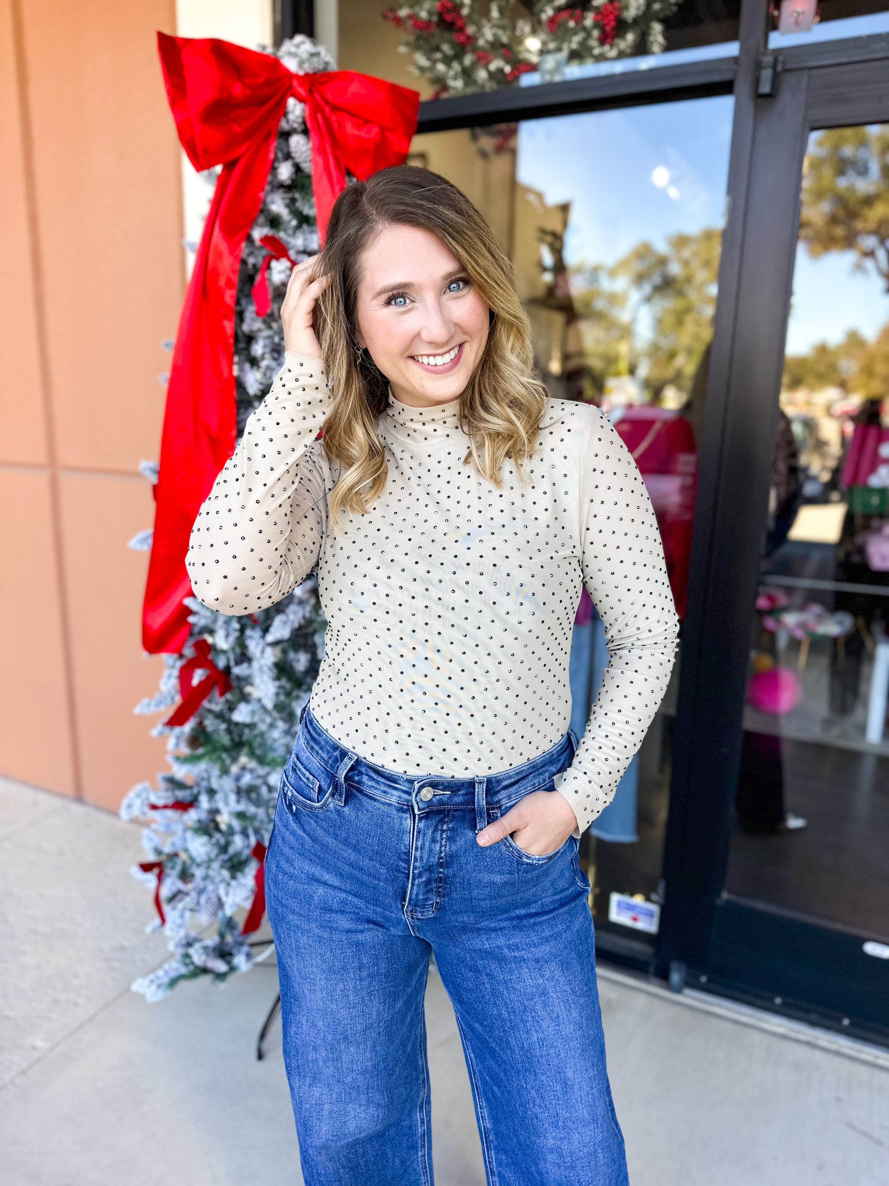 Sheer Rhinestone Long Sleeve Top - Champagne-200 Fashion Blouses-SKIES ARE BLUE-July & June Women's Fashion Boutique Located in San Antonio, Texas