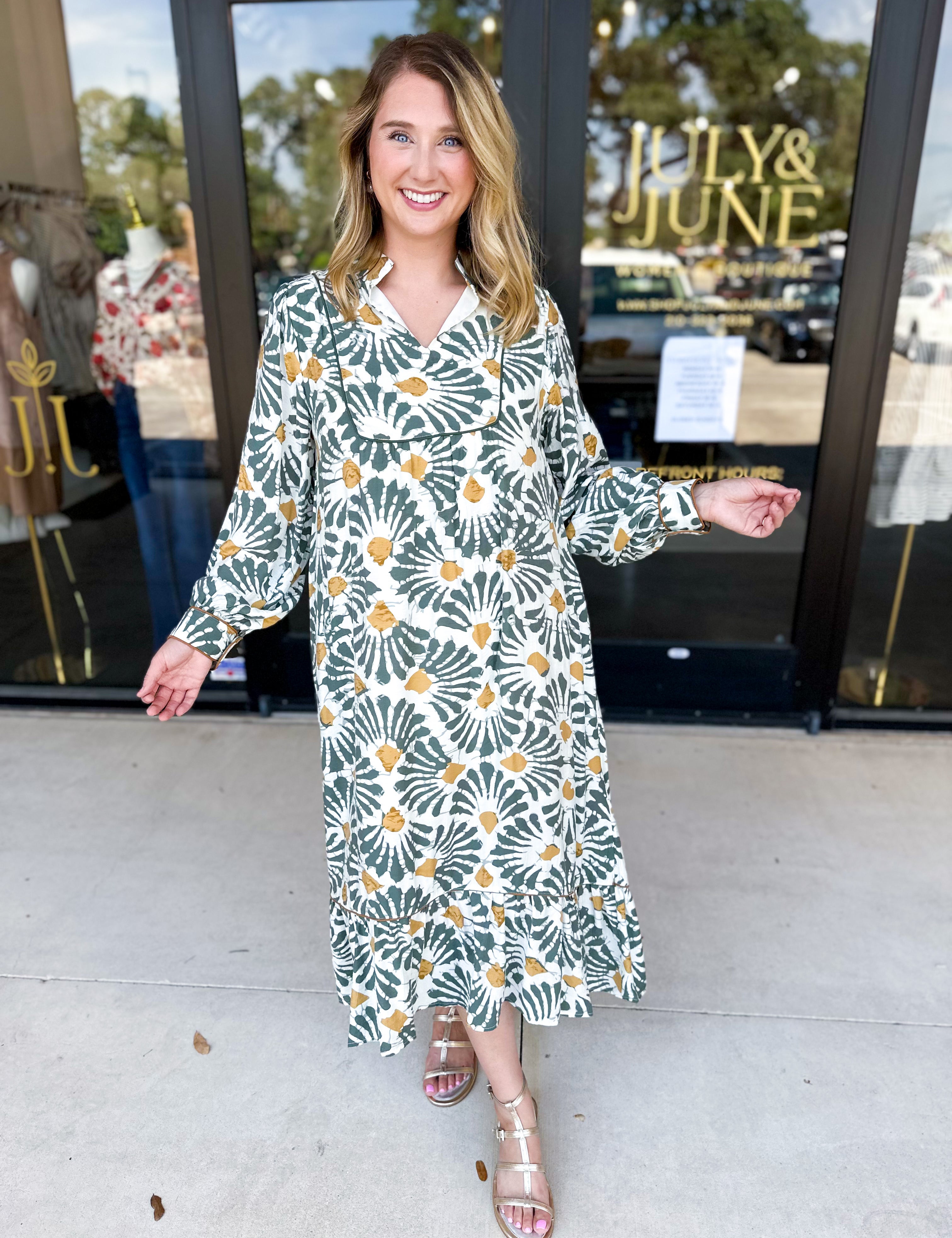 Sage & Mustard Abstract Midi Dress-500 Midi-JODIFL-July & June Women's Fashion Boutique Located in San Antonio, Texas