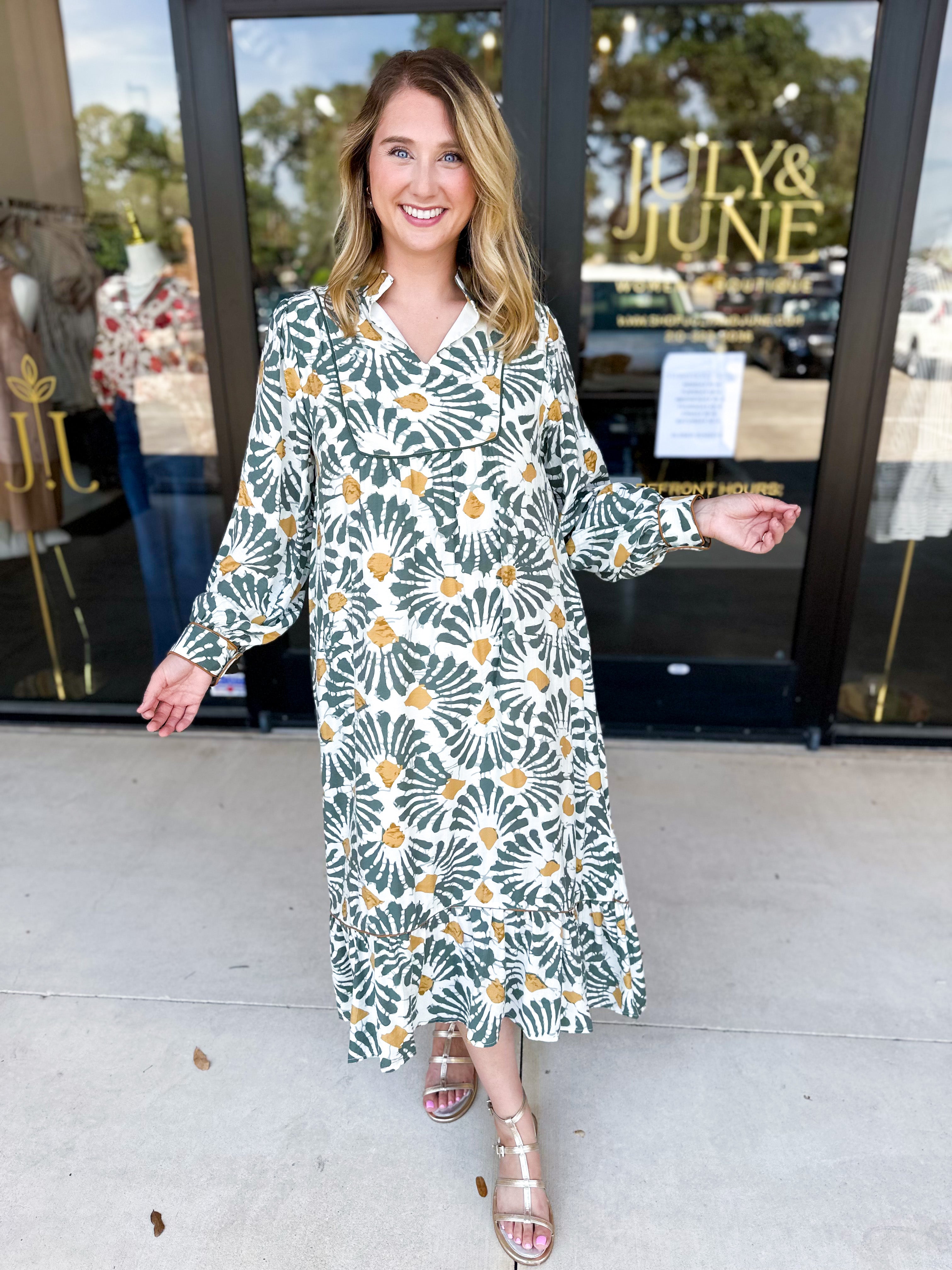 Sage & Mustard Abstract Midi Dress-500 Midi-JODIFL-July & June Women's Fashion Boutique Located in San Antonio, Texas