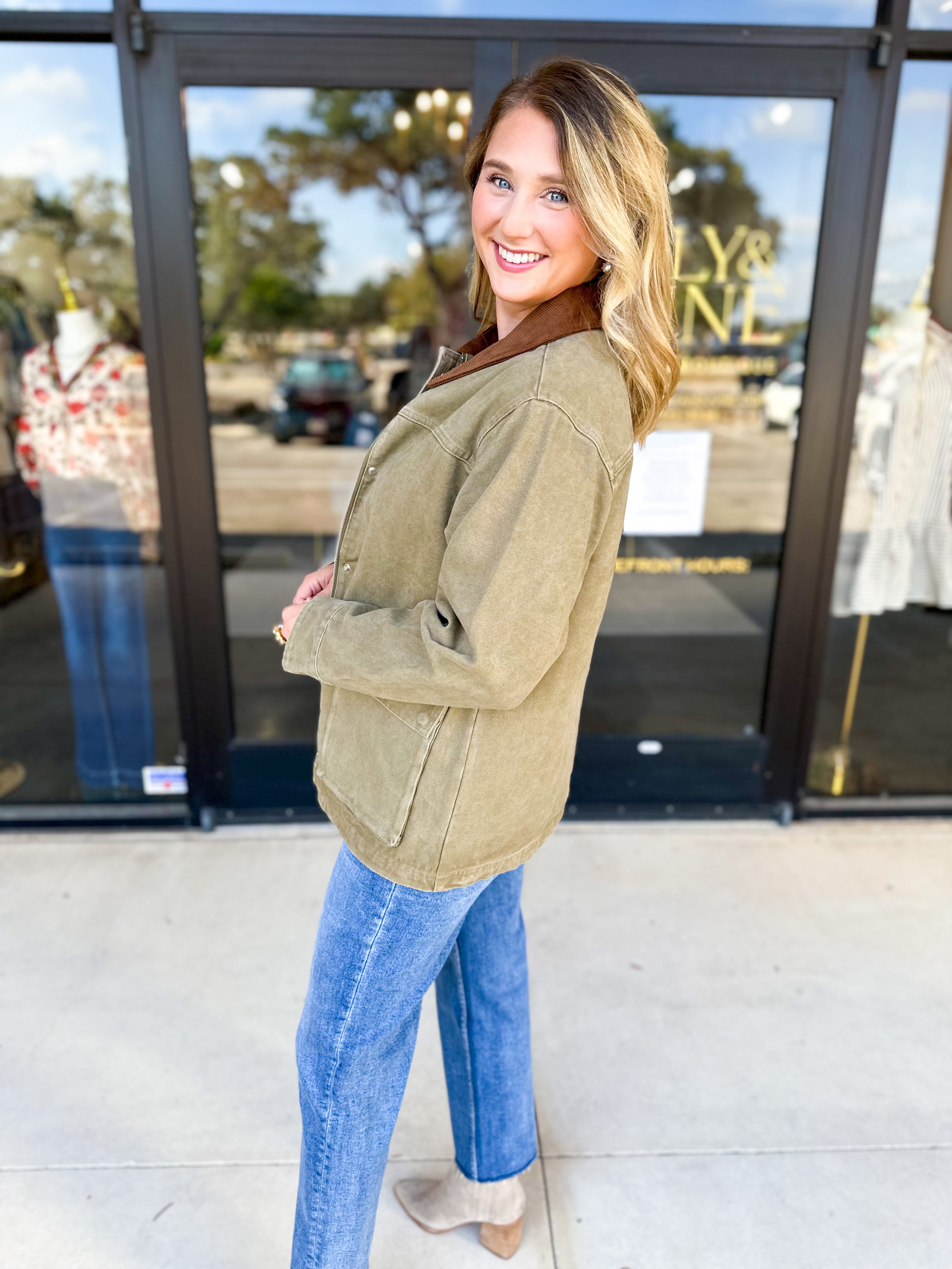 Barn Jacket - Olive-600 Outerwear-AARON & AMBER-July & June Women's Fashion Boutique Located in San Antonio, Texas