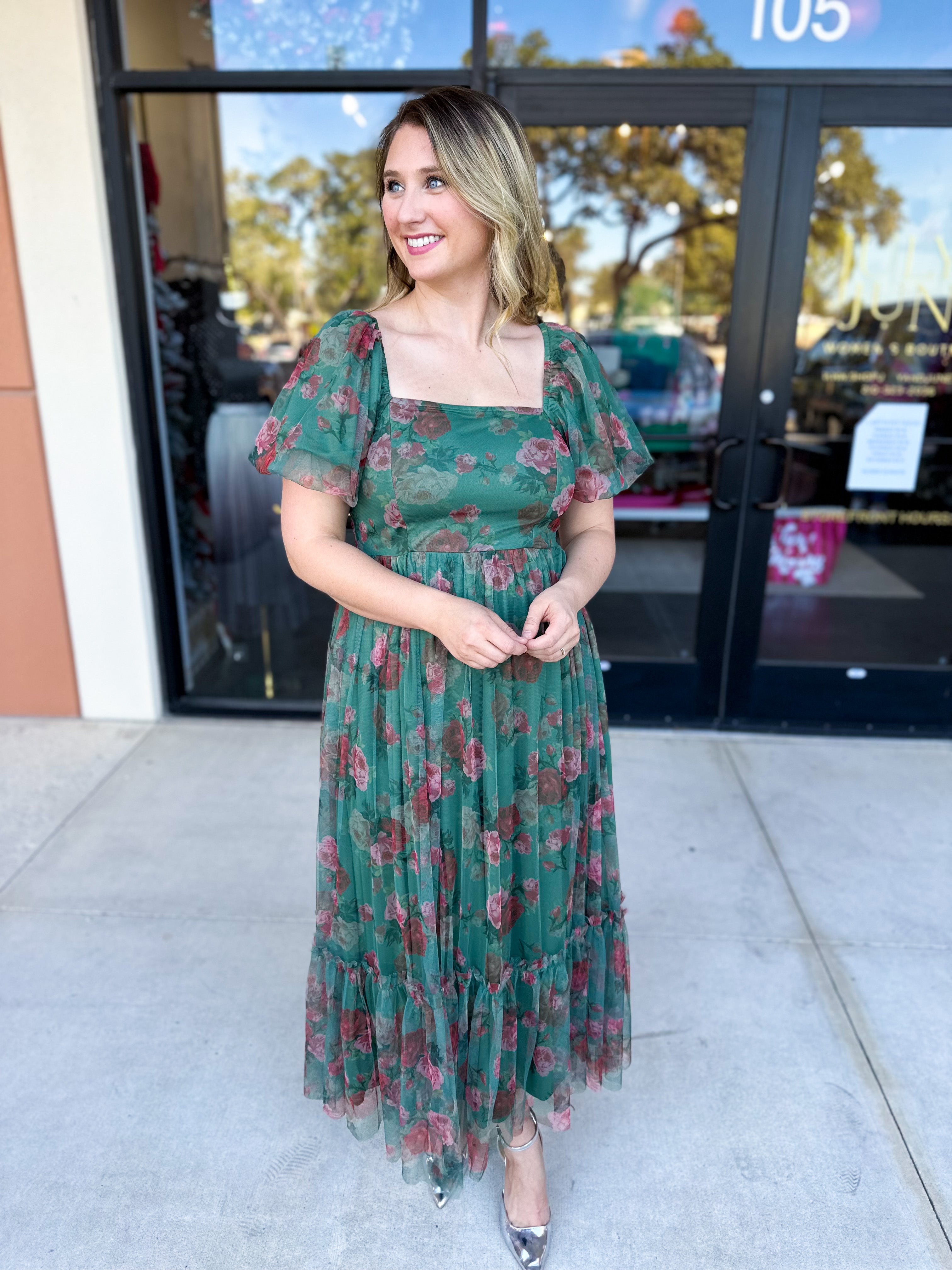 Hunter Green Garden Midi Dress-500 Midi-POLOGRAM-July & June Women's Fashion Boutique Located in San Antonio, Texas