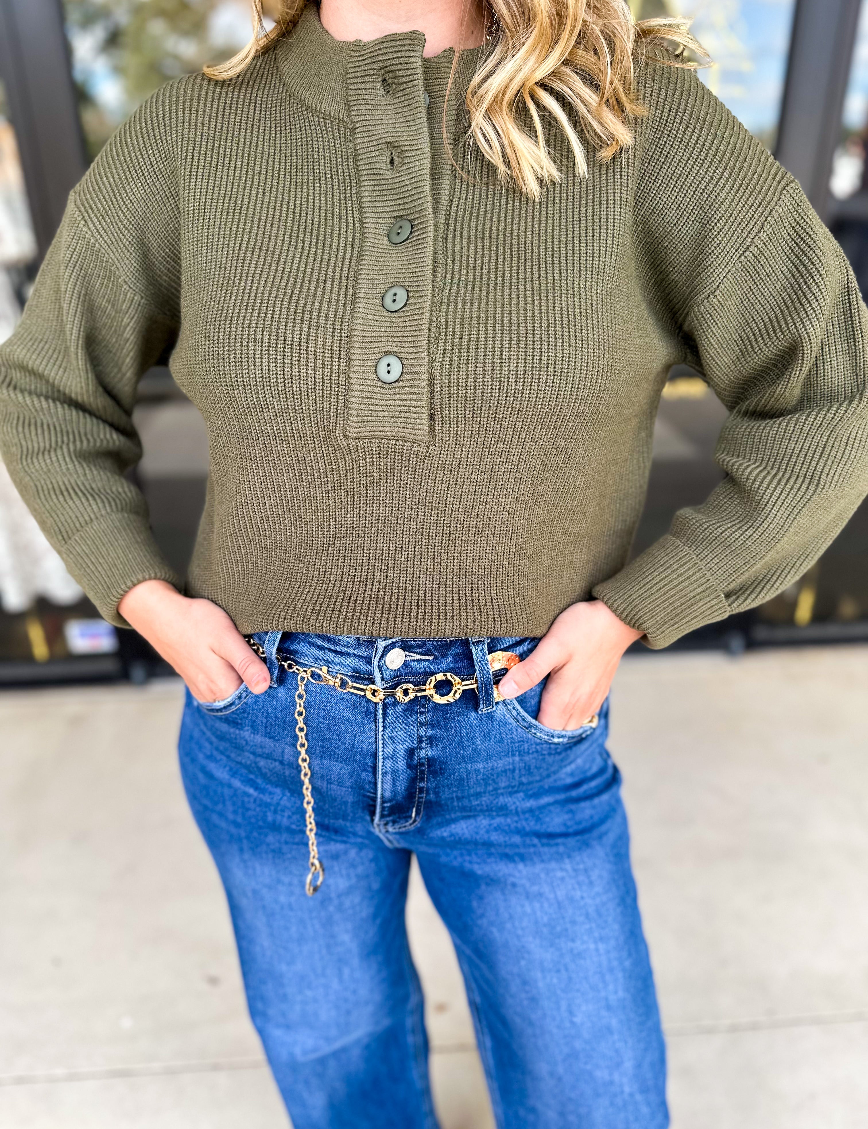 The Everyday Henley Sweater - Olive-230 Sweaters/Cardis-JODIFL-July & June Women's Fashion Boutique Located in San Antonio, Texas