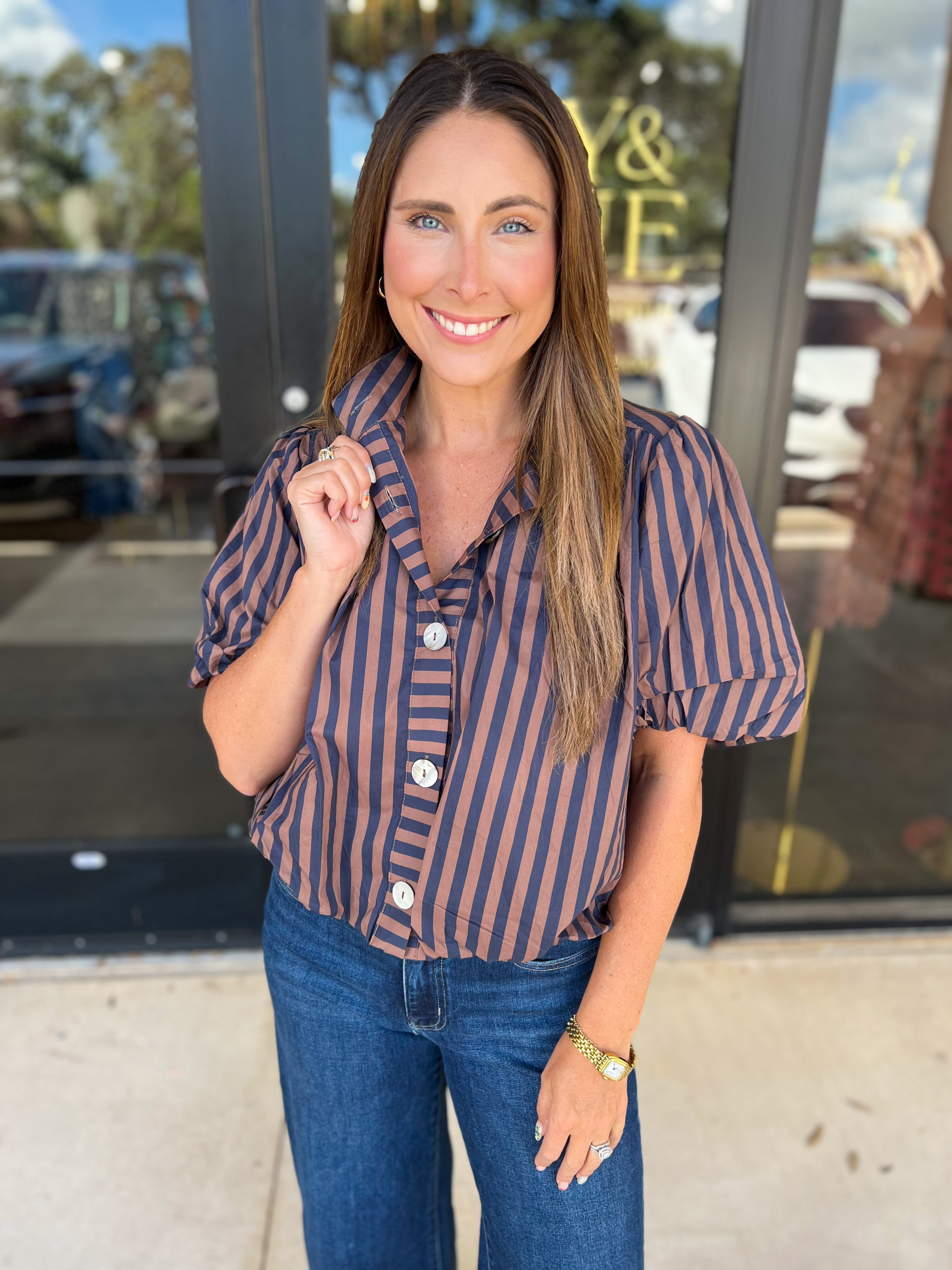 Coffee Date Blouse - Navy & Espresso-200 Fashion Blouses-ENTRO-July & June Women's Fashion Boutique Located in San Antonio, Texas