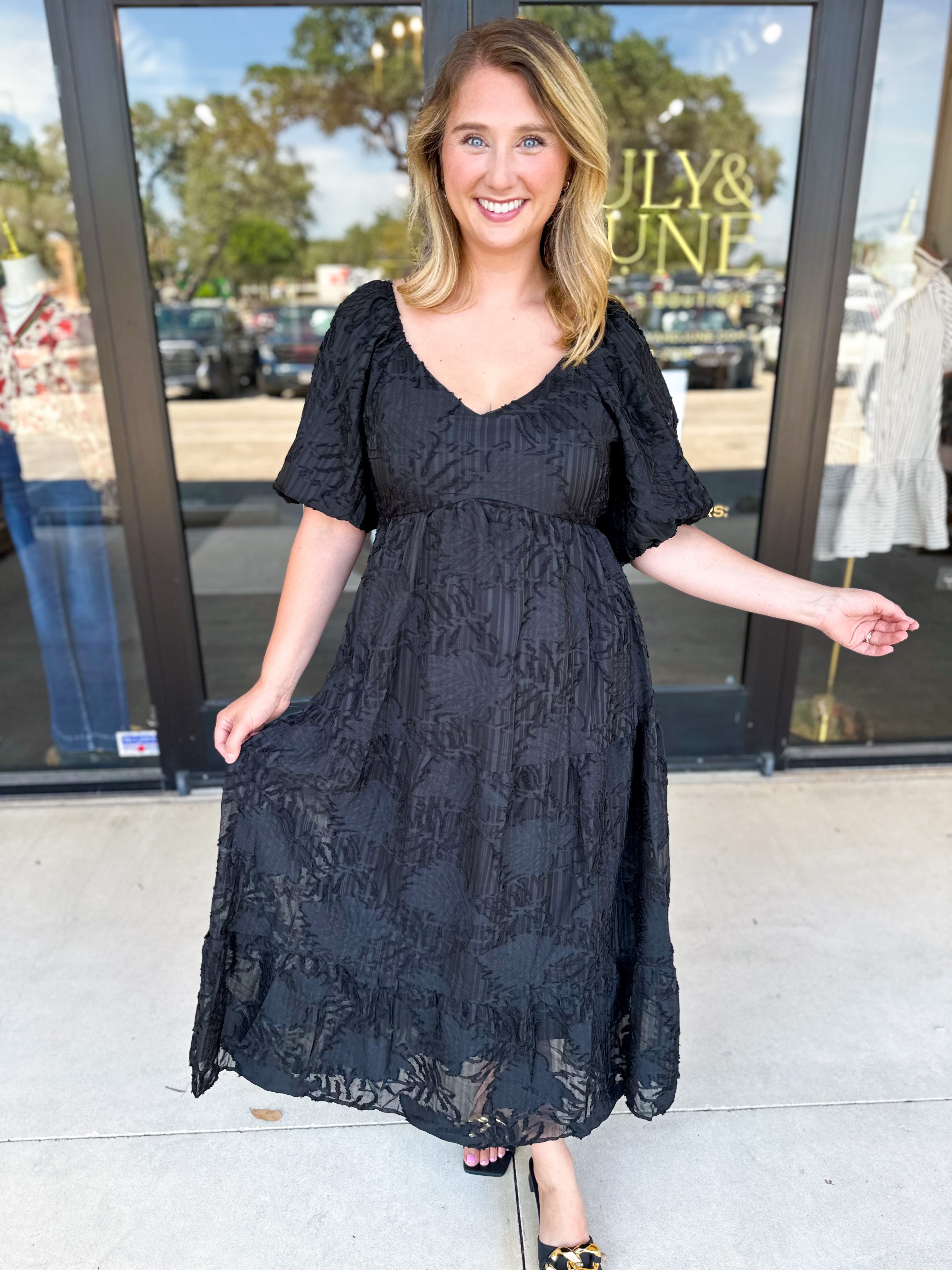 Midnight Textured Midi Dress-500 Midi-POLOGRAM-July & June Women's Fashion Boutique Located in San Antonio, Texas