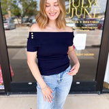 Navy Knit Off The Shoulder Top-200 Fashion Blouses-FLYING TOMATO-July & June Women's Fashion Boutique Located in San Antonio, Texas