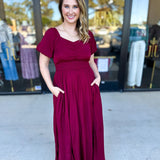 Elegant Burgundy Midi Dress-500 Midi-POLOGRAM-July & June Women's Fashion Boutique Located in San Antonio, Texas