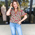 Burgundy & Olive Floral Blouse-200 Fashion Blouses-ENTRO-July & June Women's Fashion Boutique Located in San Antonio, Texas