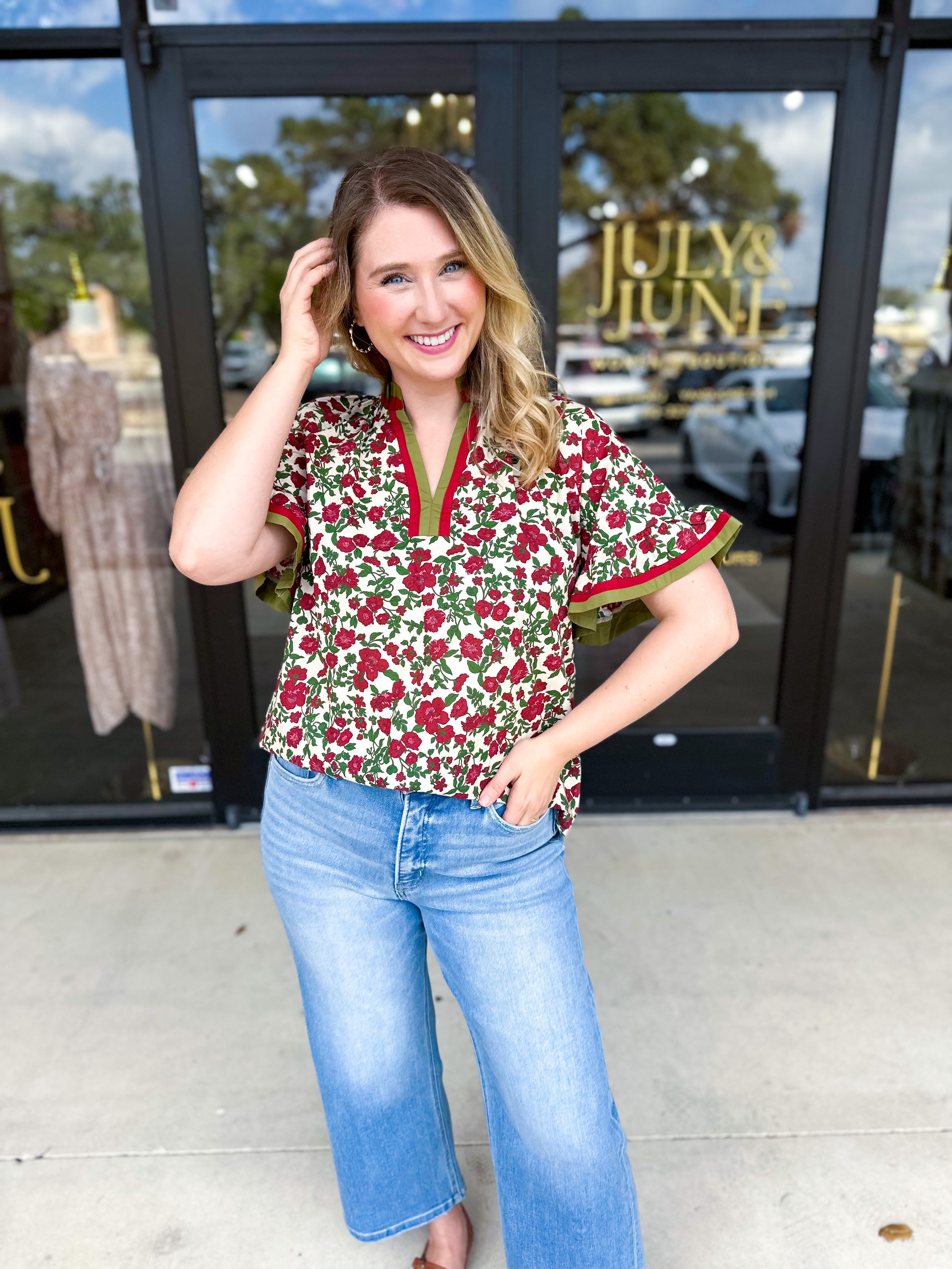 Burgundy & Olive Floral Blouse-200 Fashion Blouses-ENTRO-July & June Women's Fashion Boutique Located in San Antonio, Texas