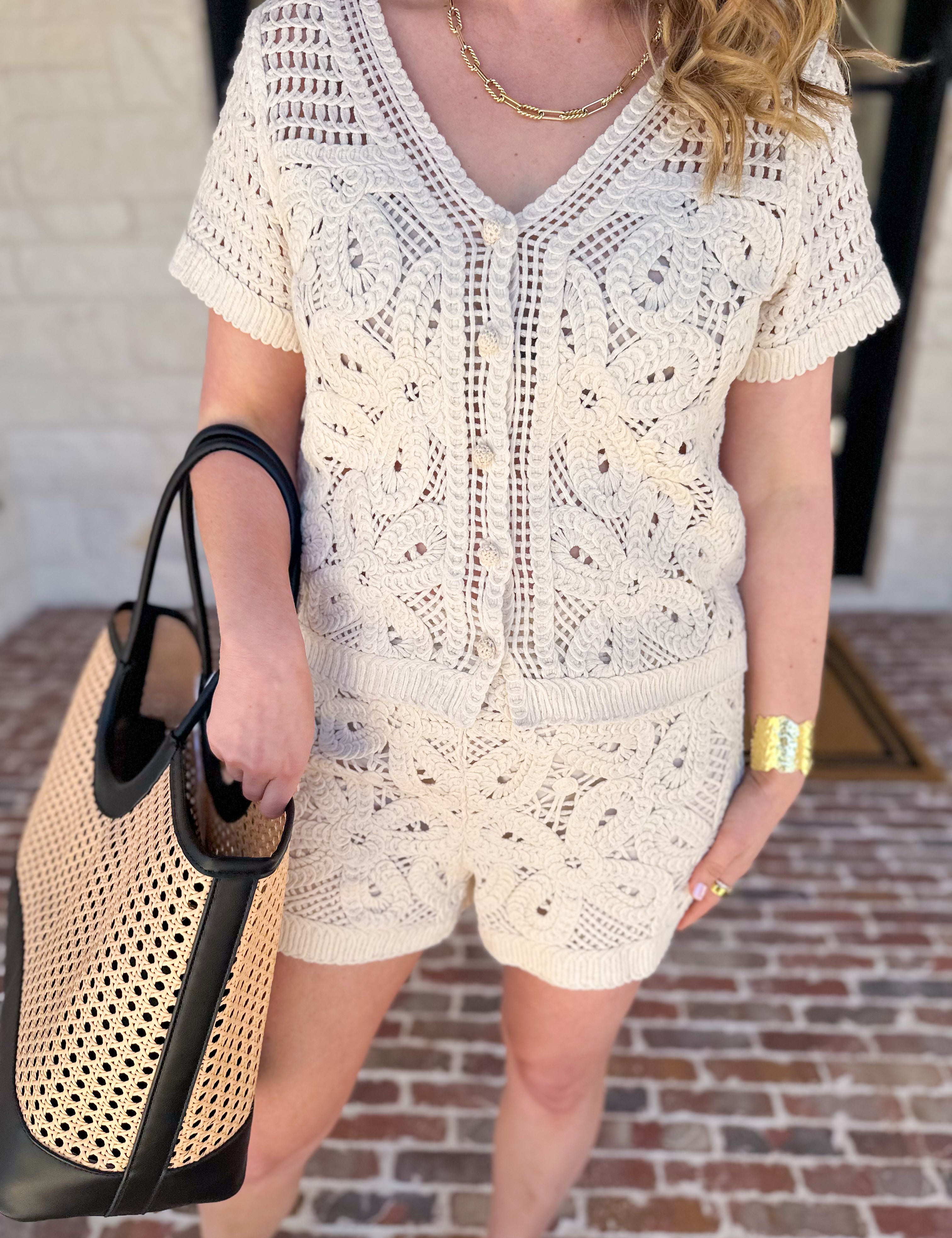 Luxe Crochet Knit Shorts Set-200 Fashion Blouses-SKIES ARE BLUE-July & June Women's Fashion Boutique Located in San Antonio, Texas