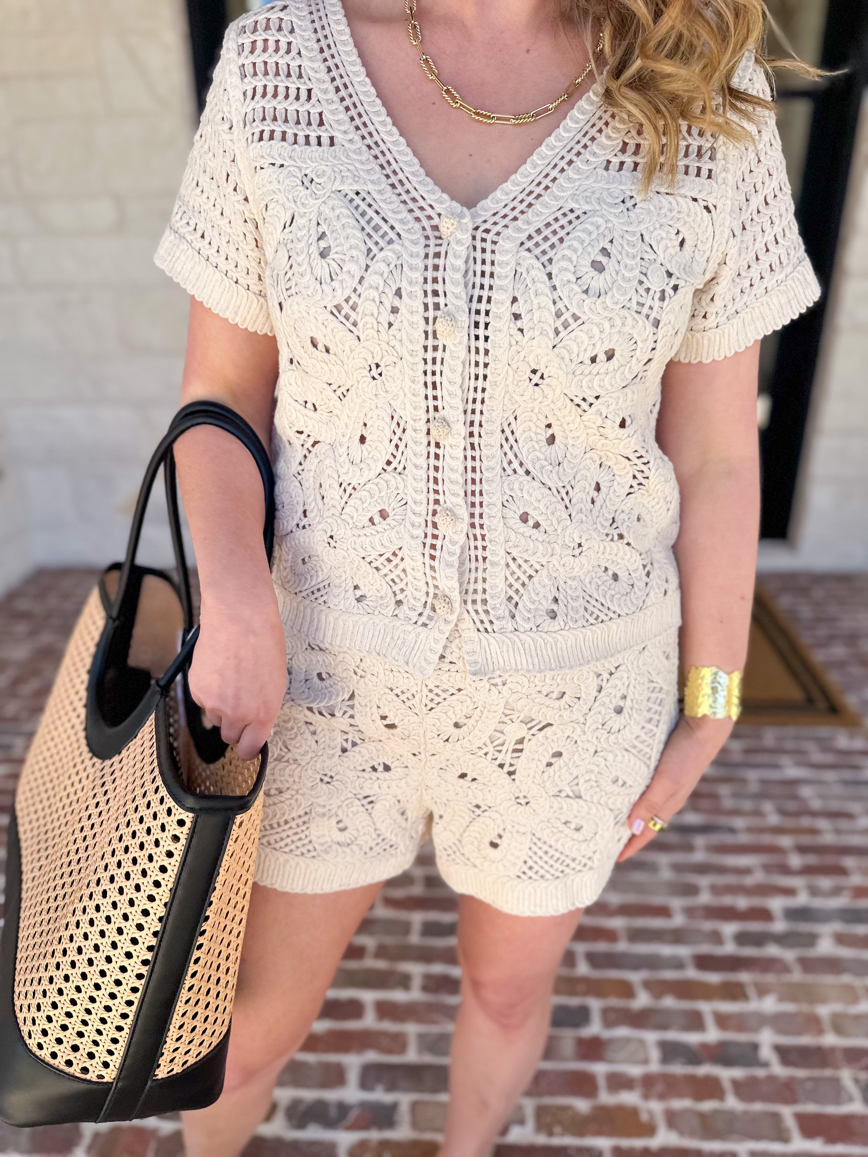 Luxe Crochet Knit Shorts Set-200 Fashion Blouses-SKIES ARE BLUE-July & June Women's Fashion Boutique Located in San Antonio, Texas