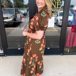 Mocha & Rust Floral Midi Dress-500 Midi-ENTRO-July & June Women's Fashion Boutique Located in San Antonio, Texas
