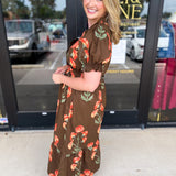 Mocha & Rust Floral Midi Dress-500 Midi-ENTRO-July & June Women's Fashion Boutique Located in San Antonio, Texas