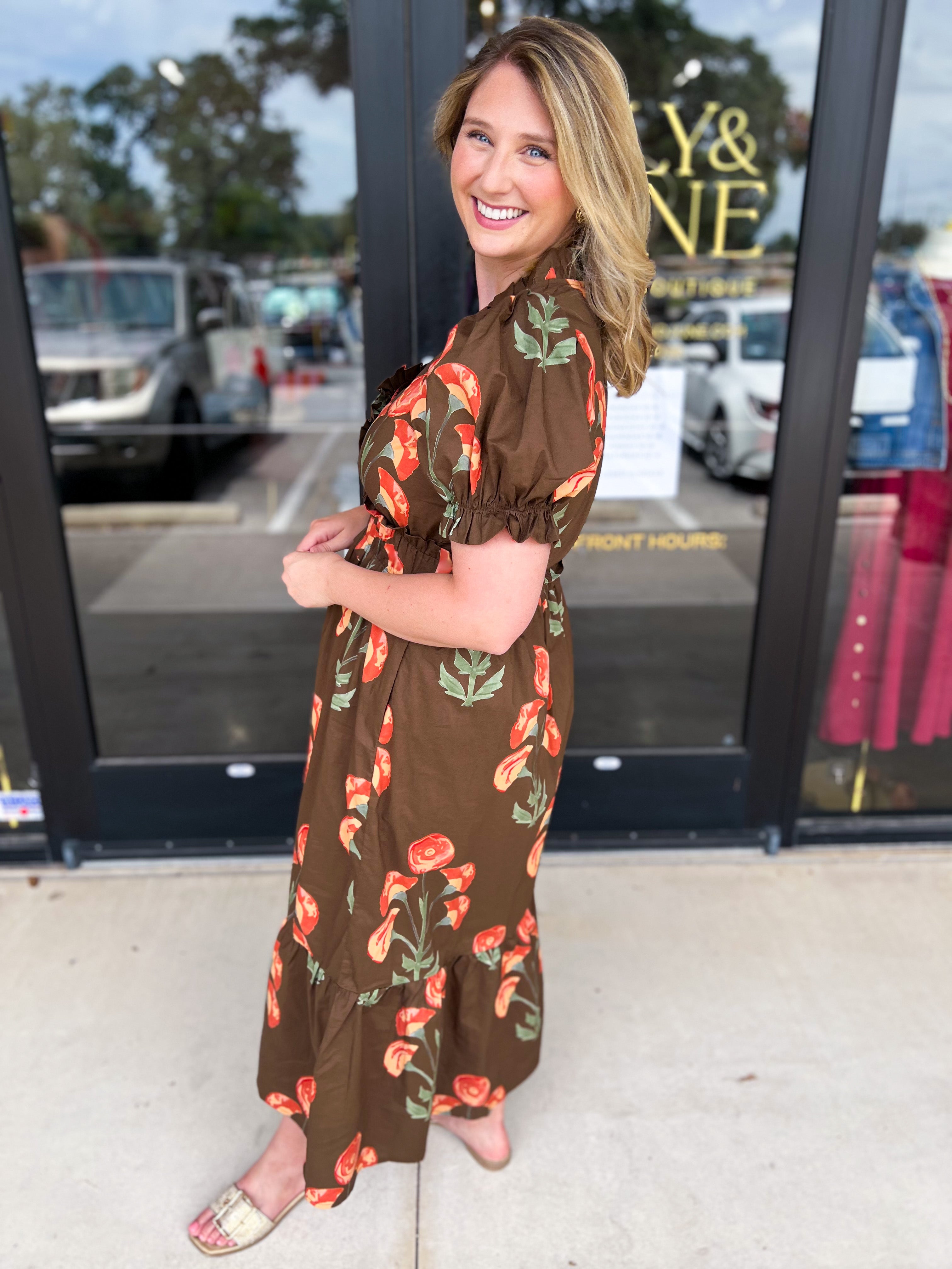 Mocha & Rust Floral Midi Dress-500 Midi-ENTRO-July & June Women's Fashion Boutique Located in San Antonio, Texas