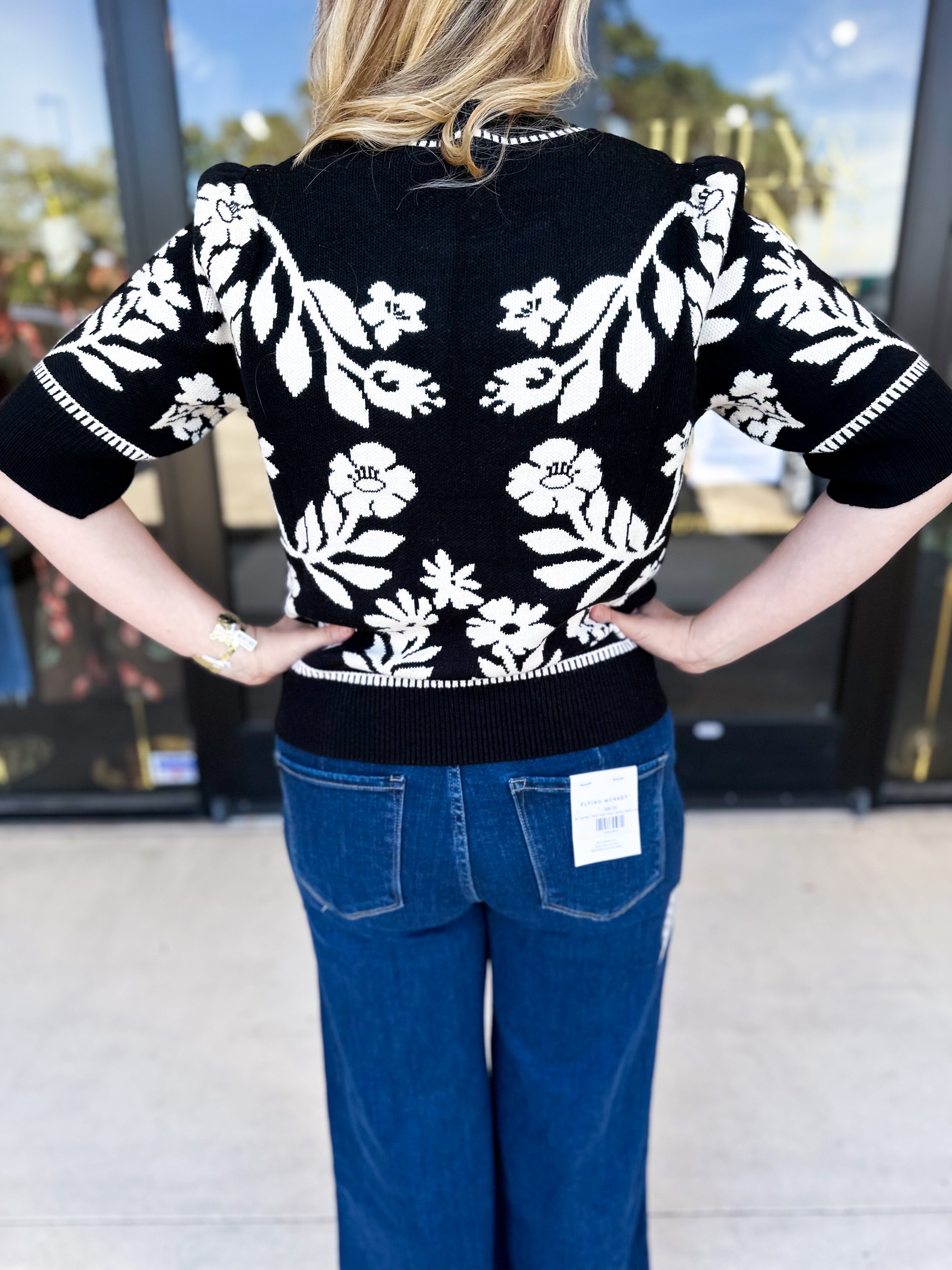 THML - Black & Ivory Floral Sweater Top-230 Sweaters/Cardis-THML-July & June Women's Fashion Boutique Located in San Antonio, Texas