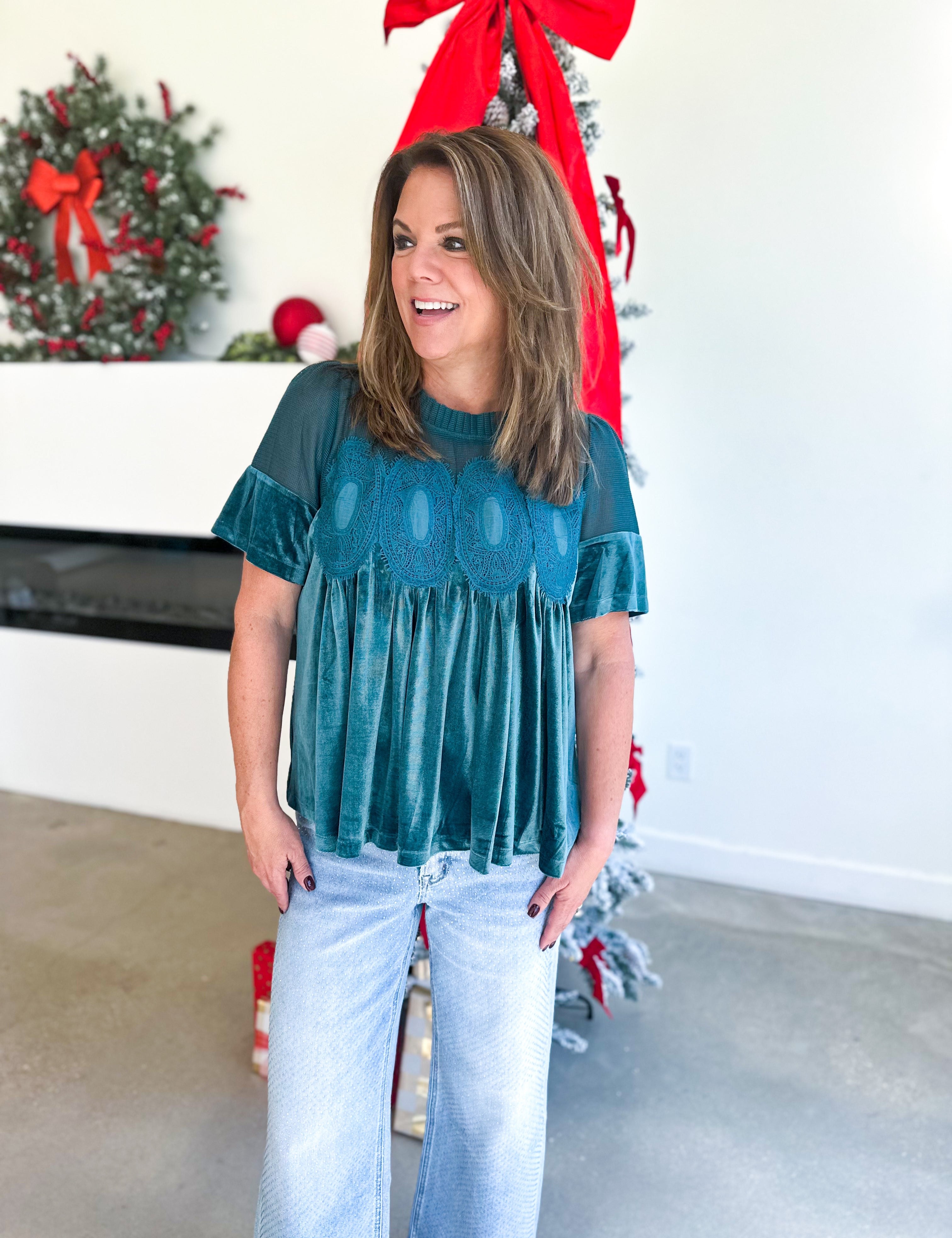 Lace Details Velvet Blouse - Teal-200 Fashion Blouses-FATE-July & June Women's Fashion Boutique Located in San Antonio, Texas