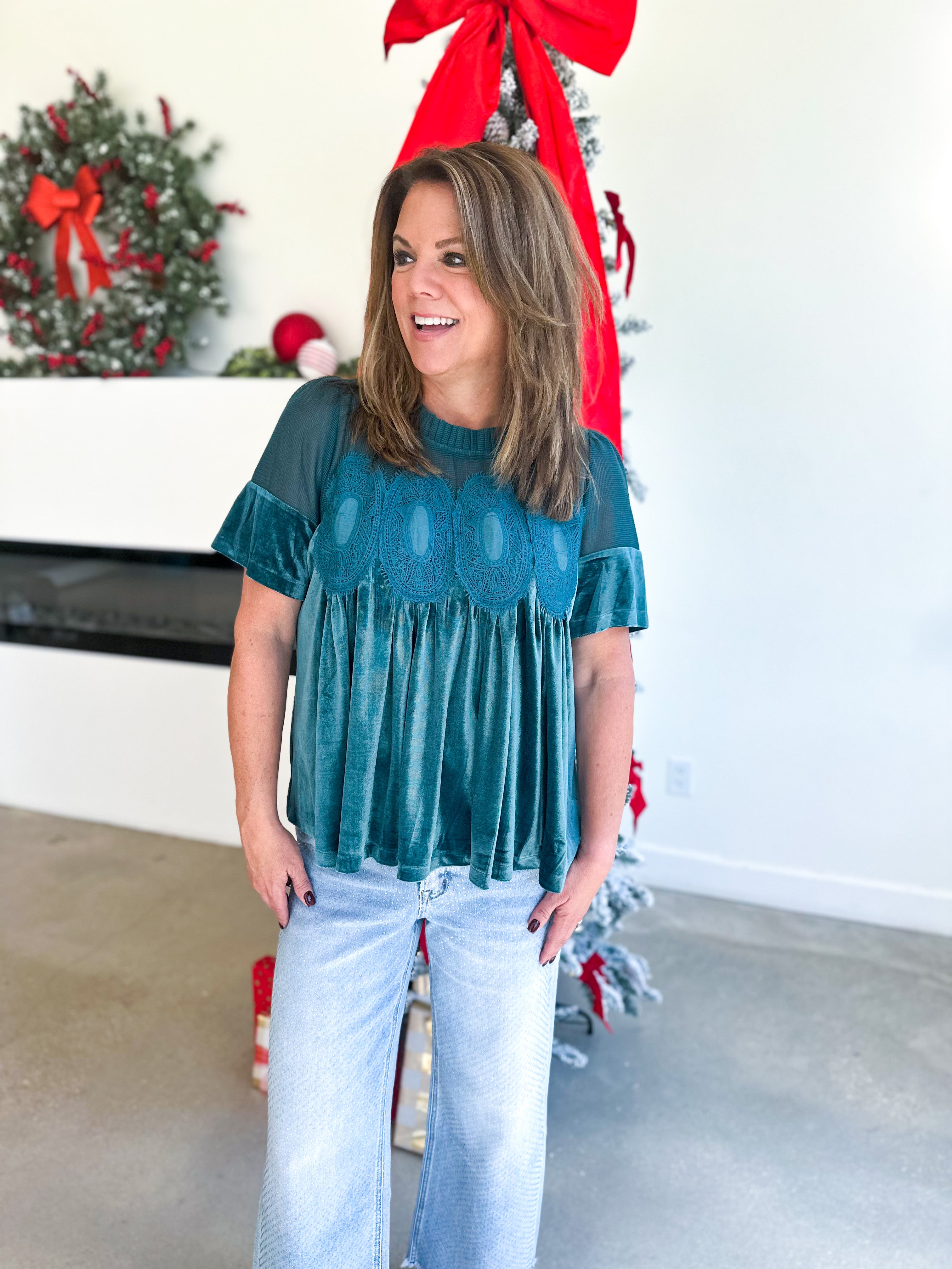 Lace Details Velvet Blouse - Teal-200 Fashion Blouses-FATE-July & June Women's Fashion Boutique Located in San Antonio, Texas