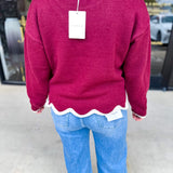Scalloped Edges Sweater - Burgundy-230 Sweaters/Cardis-ENTRO-July & June Women's Fashion Boutique Located in San Antonio, Texas