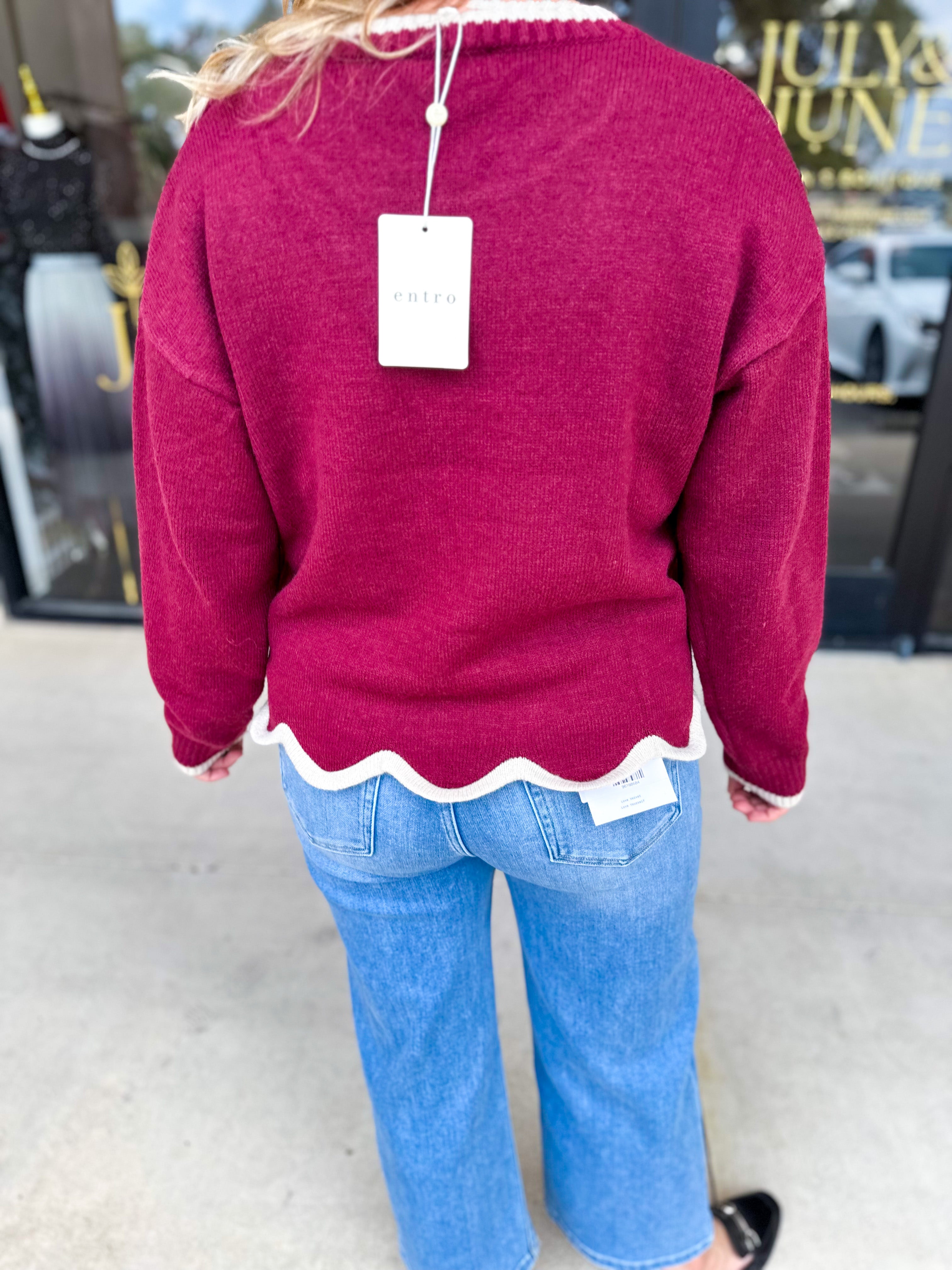 Scalloped Edges Sweater - Burgundy-230 Sweaters/Cardis-ENTRO-July & June Women's Fashion Boutique Located in San Antonio, Texas