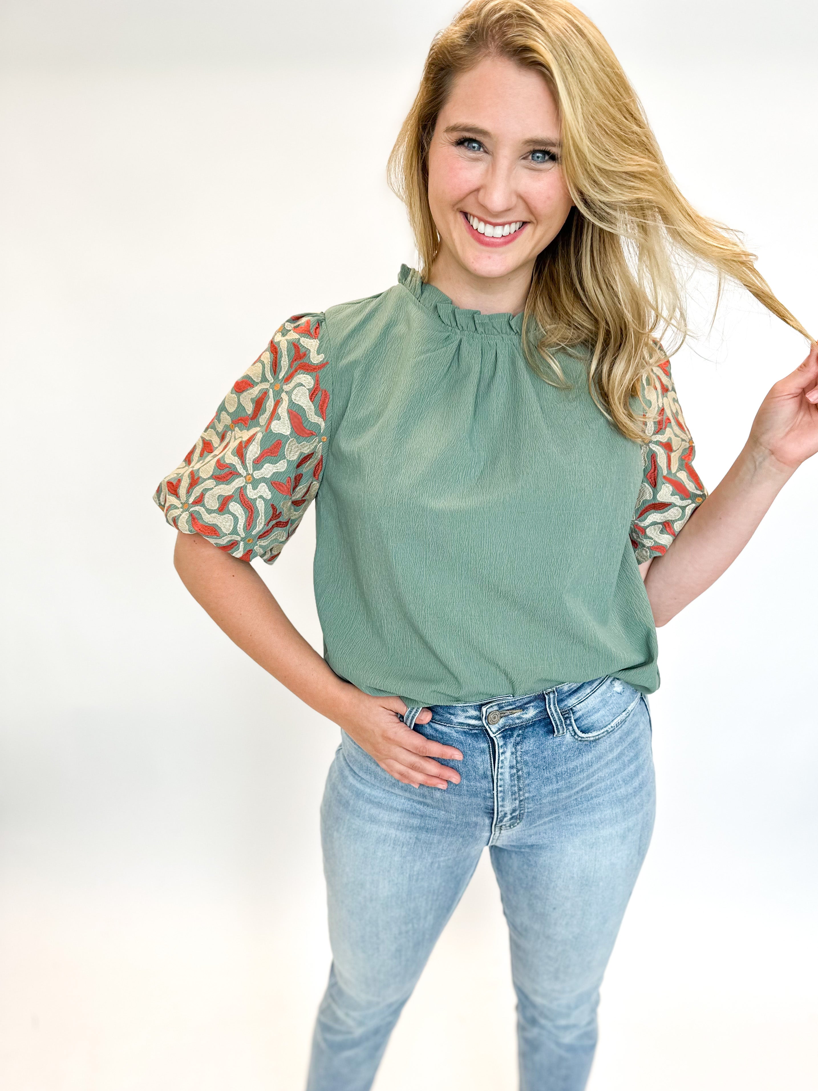 Fall Embroidered Blouse - Green-200 Fashion Blouses-ENTRO-July & June Women's Fashion Boutique Located in San Antonio, Texas