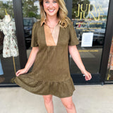 THML - Olive & Tan Suede Mini Dress-510 Mini-THML-July & June Women's Fashion Boutique Located in San Antonio, Texas