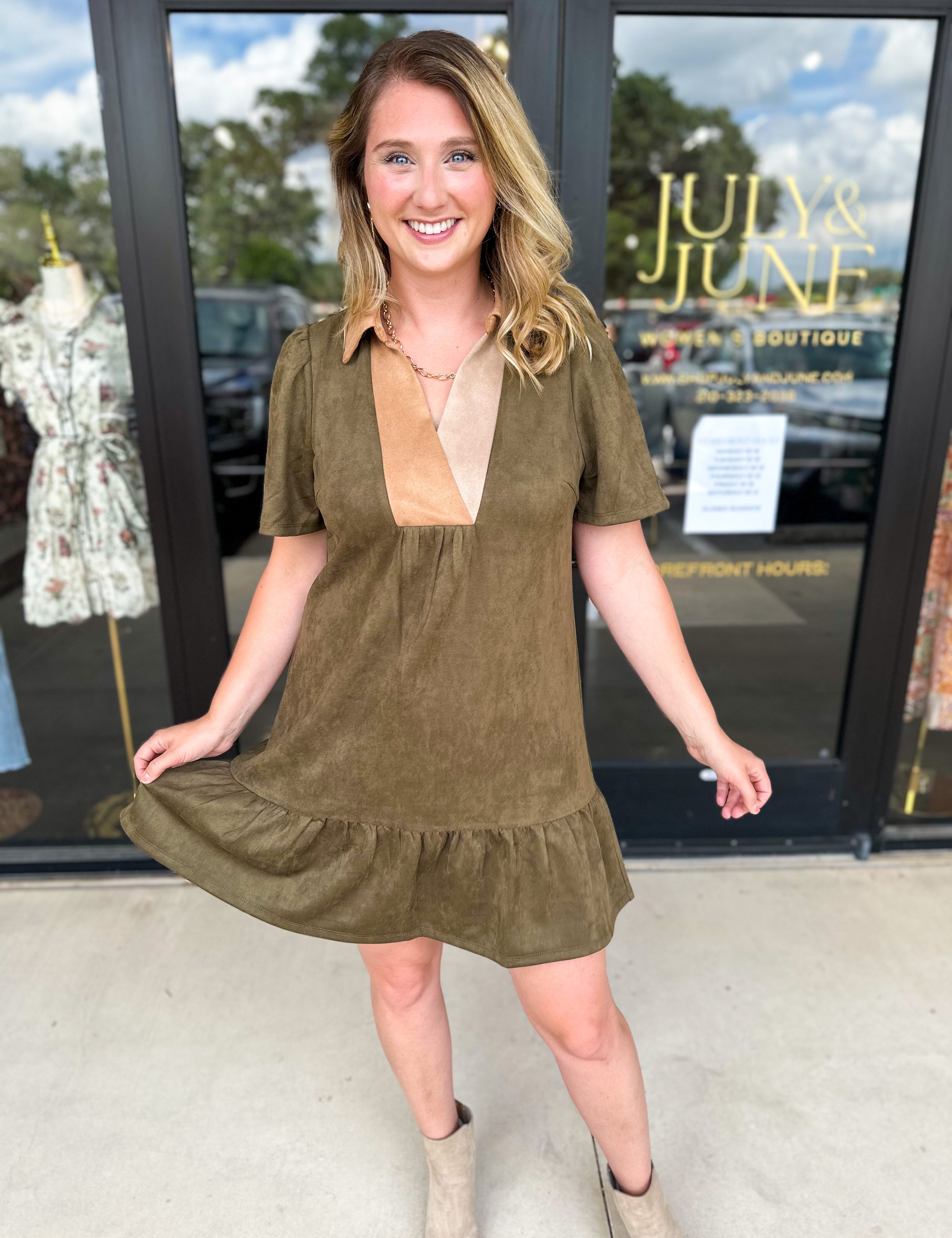 THML - Olive & Tan Suede Mini Dress-510 Mini-THML-July & June Women's Fashion Boutique Located in San Antonio, Texas