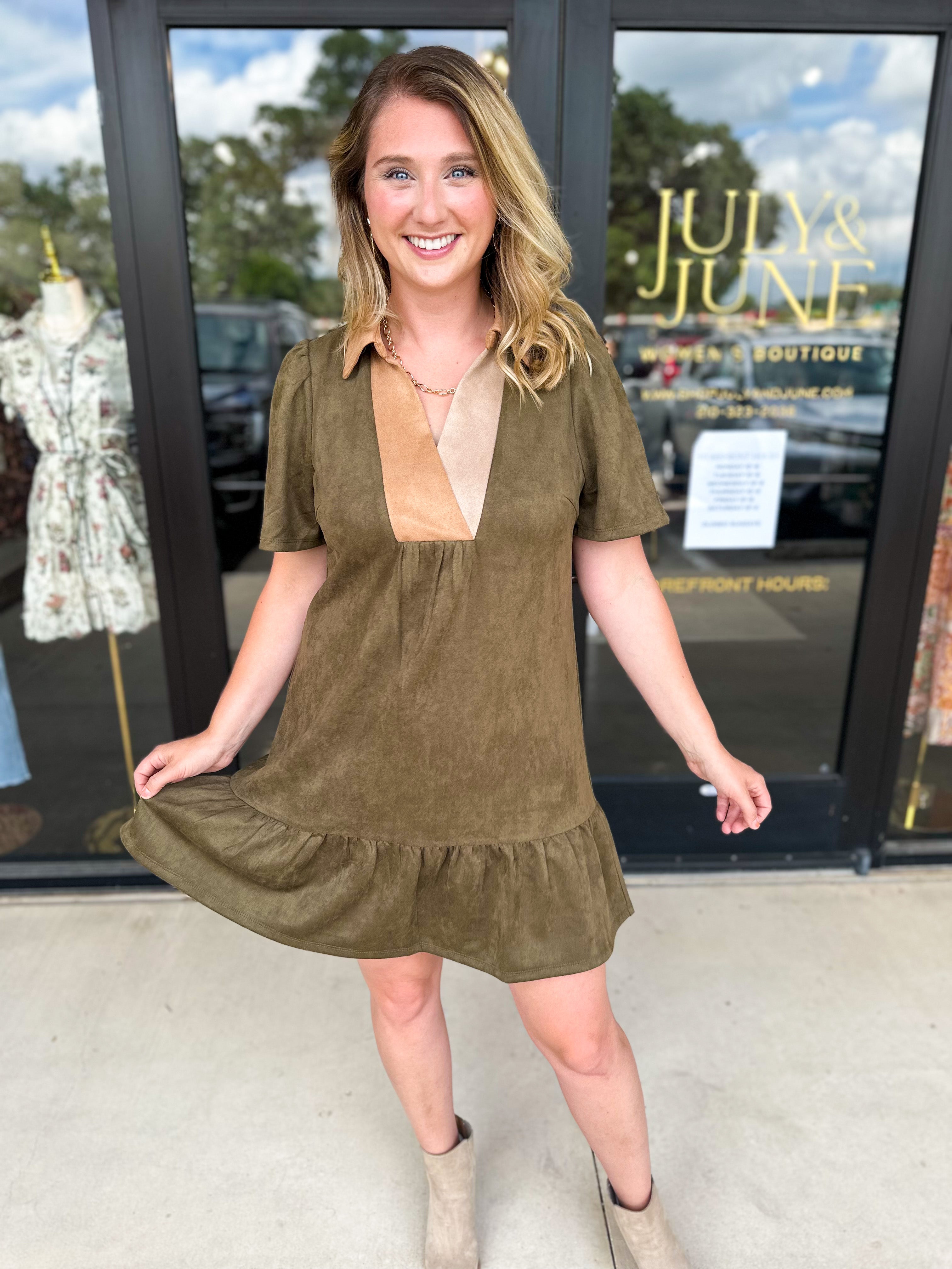 THML - Olive & Tan Suede Mini Dress-510 Mini-THML-July & June Women's Fashion Boutique Located in San Antonio, Texas