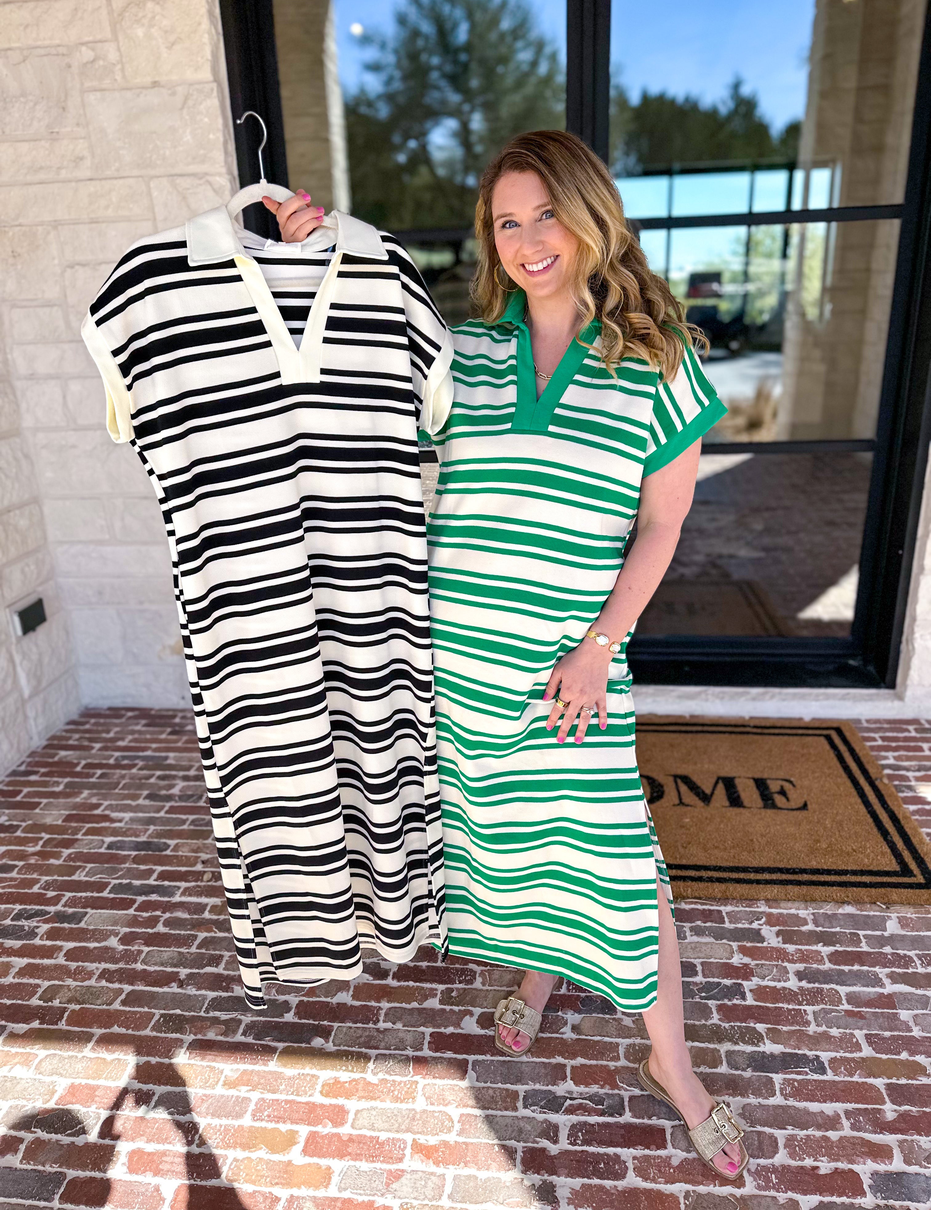 Casual Striped Midi Dress - Black-500 Midi-ENTRO-July & June Women's Fashion Boutique Located in San Antonio, Texas