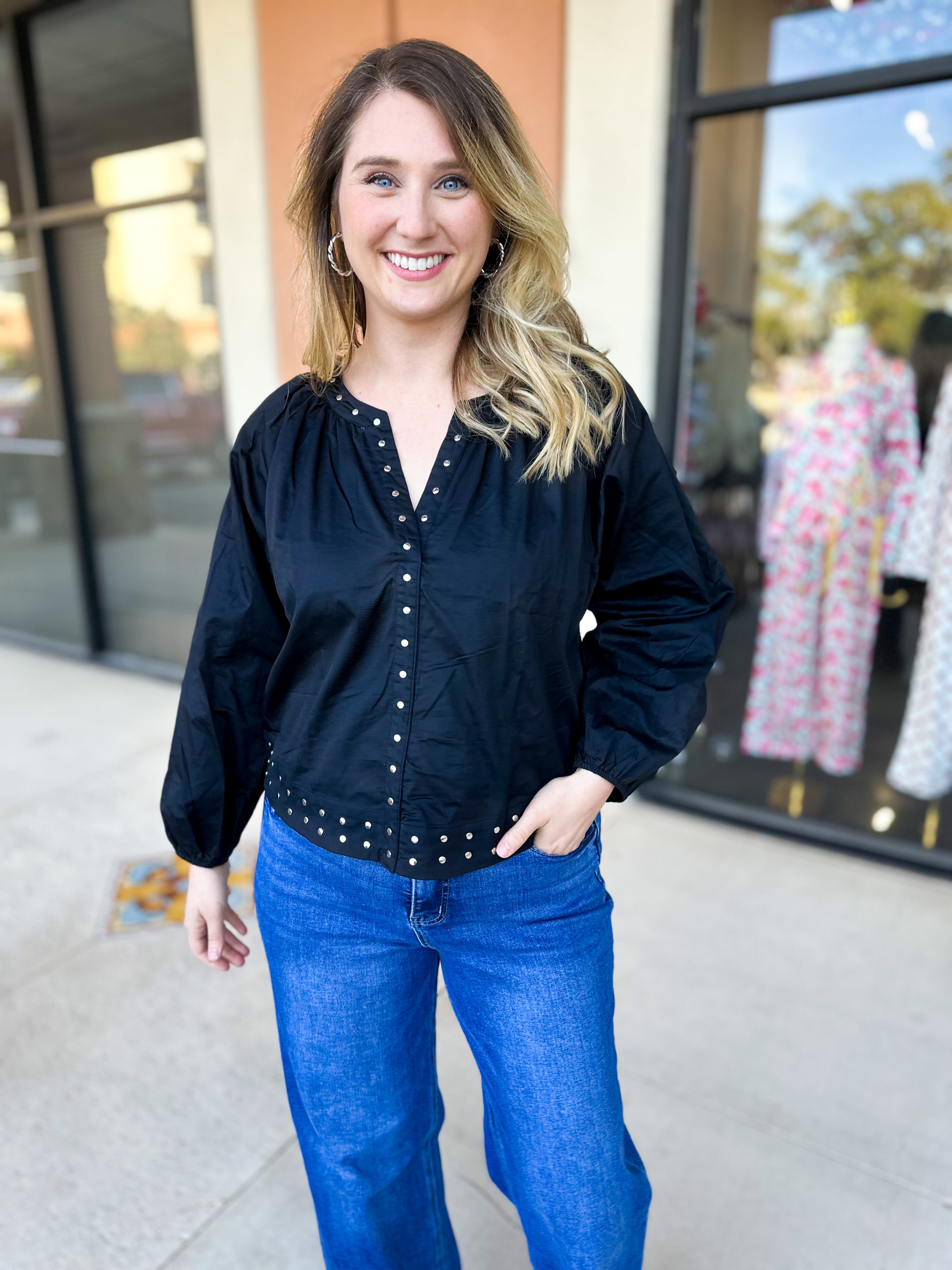 Studded Black Blouse-200 Fashion Blouses-TCEC-July & June Women's Fashion Boutique Located in San Antonio, Texas