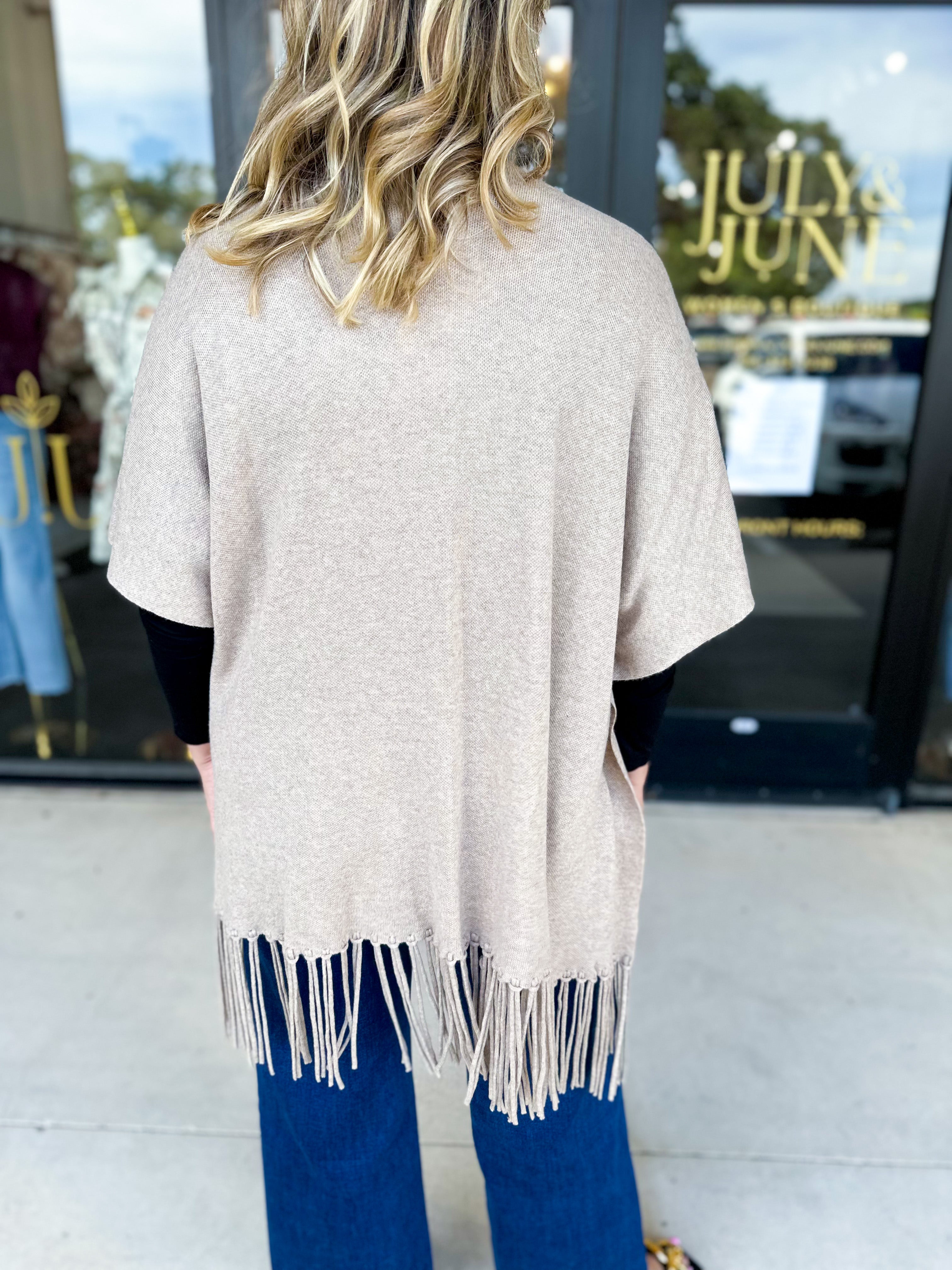 Oatmeal Fringe Wrap Cardigan-230 Sweaters/Cardis-SKIES ARE BLUE-July & June Women's Fashion Boutique Located in San Antonio, Texas