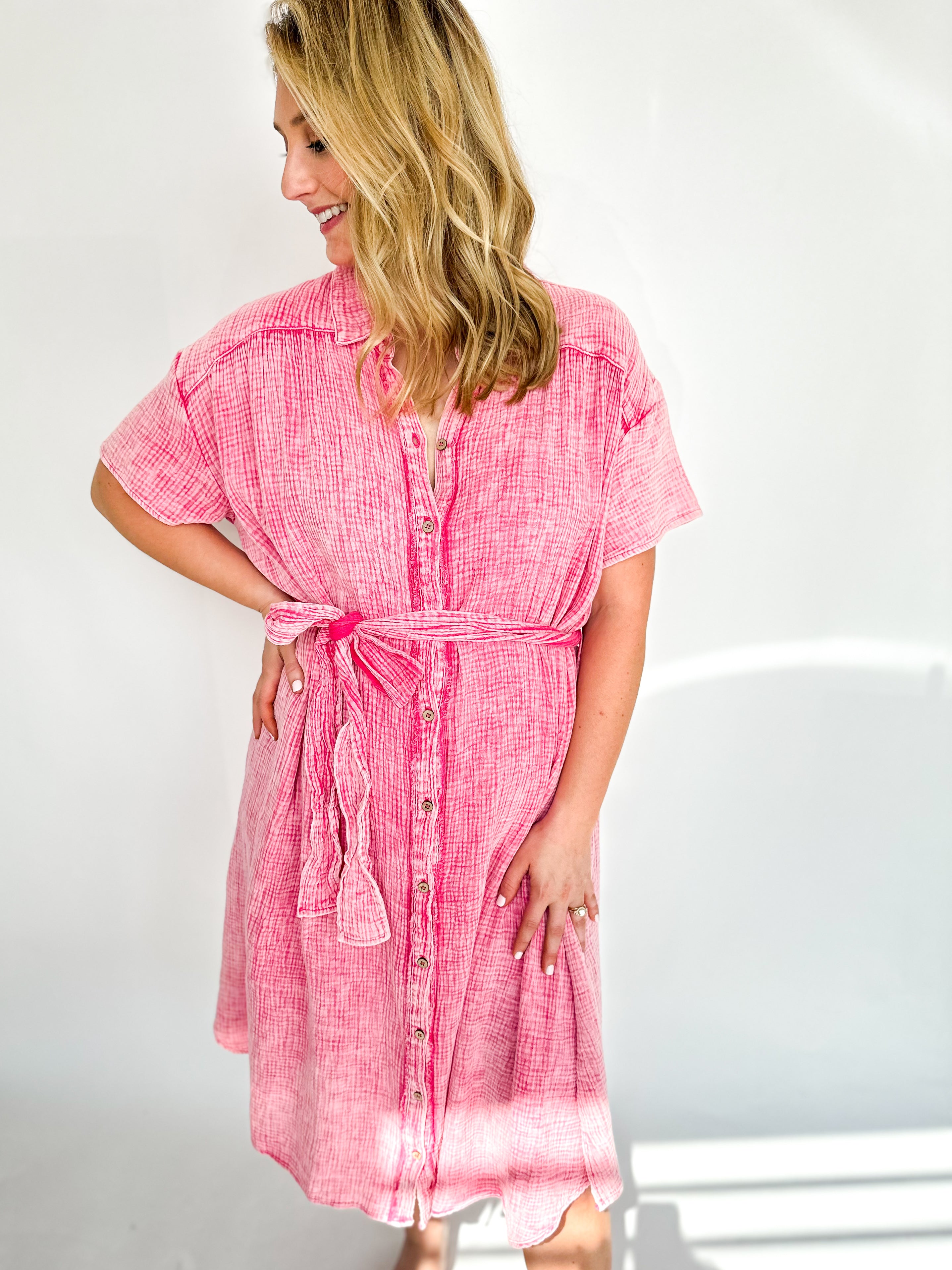 Gauze Midi Dress - Pink-500 Midi-FANTASTIC FAWN-July & June Women's Fashion Boutique Located in San Antonio, Texas